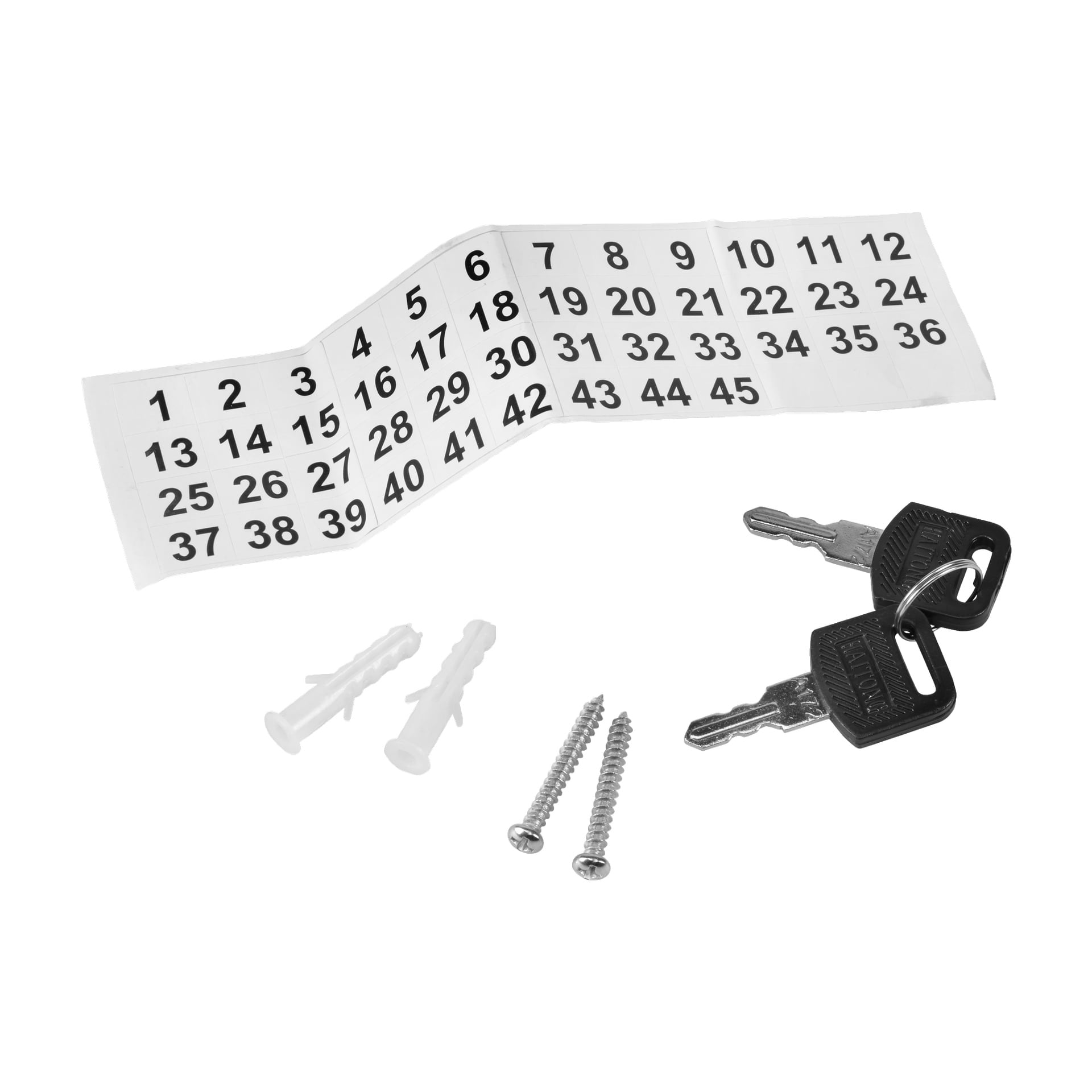 Szafka na klucze Hard Head jest wystawiona obok arkusza numerowanych naklejek, dwóch plastikowych kotew ściennych, dwóch śrub i dwóch metalowych kluczy na breloczkach.