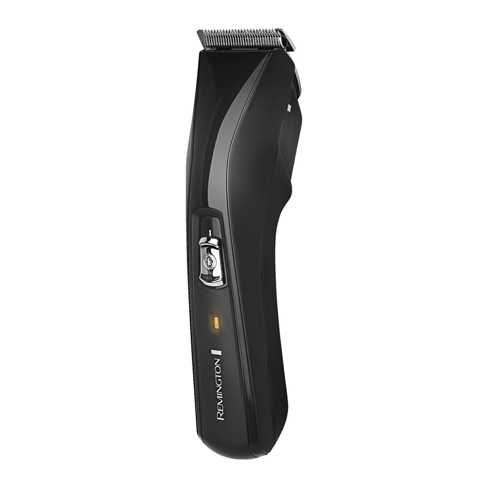 Remington Rechargeable Hair Clipper Pro Power HC5150, i svart, står upprätt och visar sitt metallblad, en strömbrytare och en orange lampa på framsidan. Klipparkroppen kombinerar blanka och matta texturer.