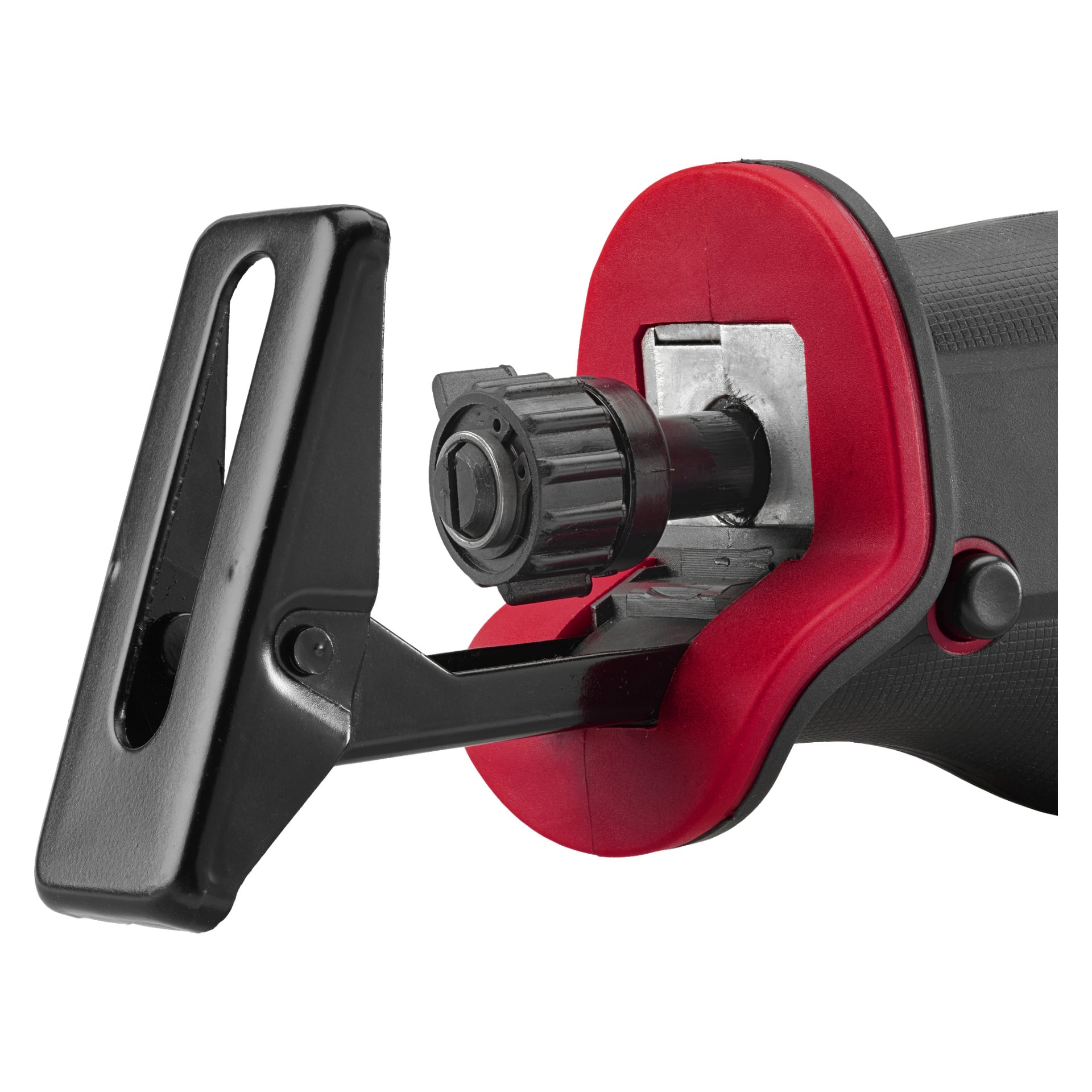 Szczegółowe zbliżenie uchwytu na ostrze i regulowanej buty na piłe tłokowej Meec Tools Multiseries RS-18V HOME 300, podkreślające czerwono-wzór oraz pokazujące, jak ostrz jest mocowany i regulowany.