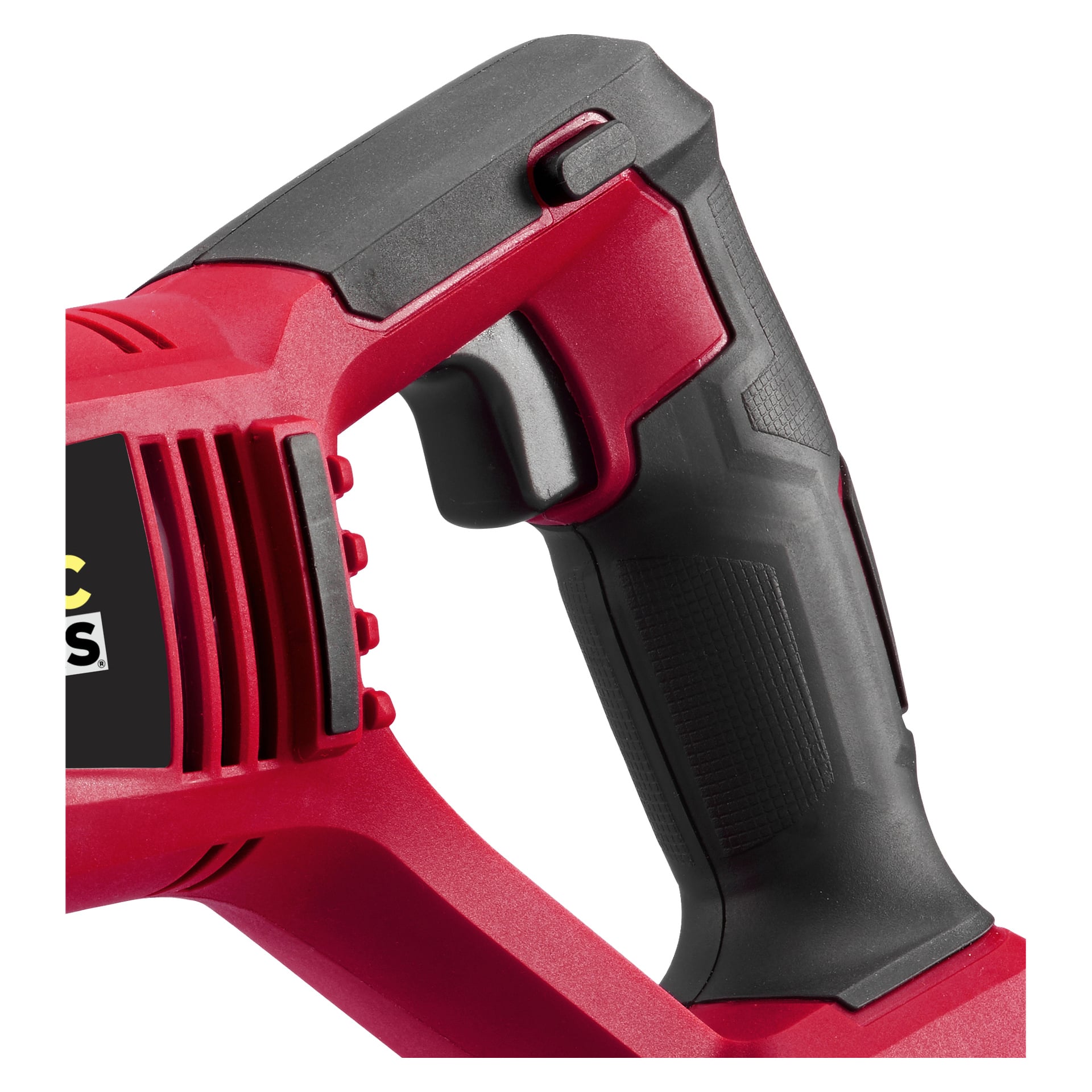 Szczegółowy widok uchwytu Meec Tools Multiseries Battery Turbo Ciprok Surface pokazał RS-18V HOME 300, ukazujący czerwono-czarną teksturowaną chwyt, widoczny spust oraz część głównego korpusu. Uchwyt wyposażony jest w szczeliny wentylacyjne oraz gładko konturowane linie ergonomiczne, zaprojektowane dla wygodnego chwytu.