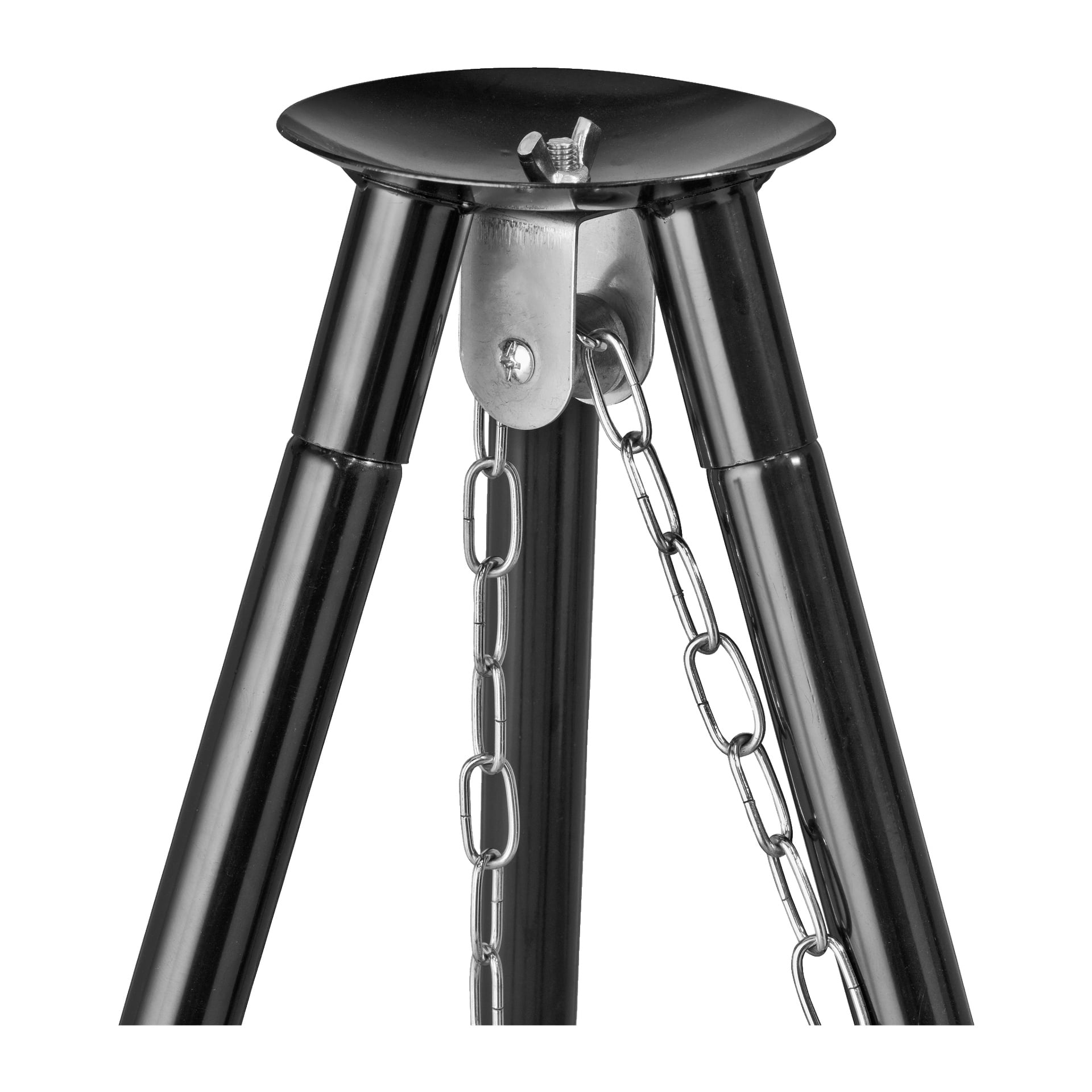 Närbild av den övre delen av Burns & Barkles Wilderness-grillen, som visar ett slitstarkt svart metallstativ med kedjor som förbinder dess tre släta cylindriska ben, sammanfogade med en central bult.