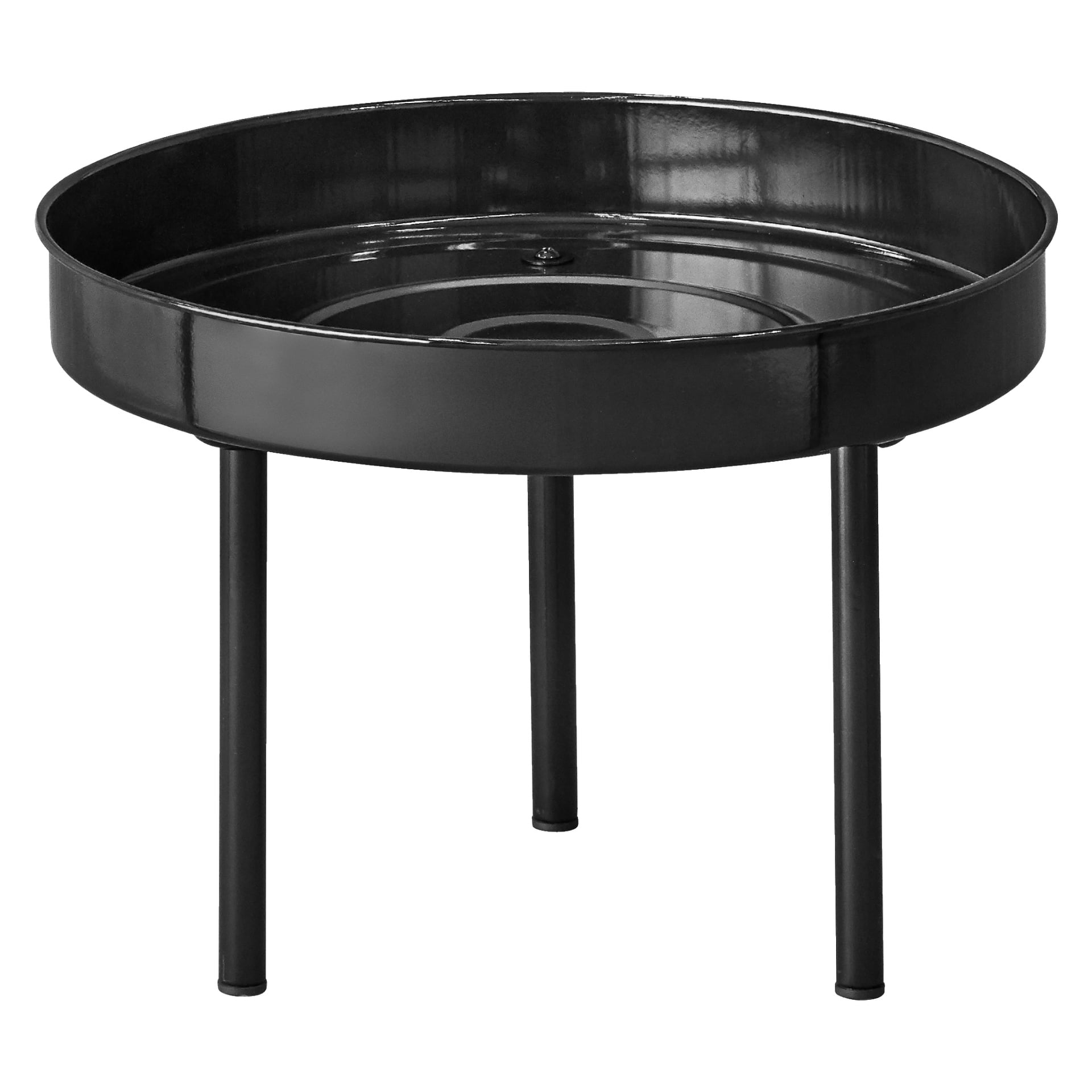 Burns & Barkles Wilderness-grillen är ett runt svart metallbord med en grund skiva i stil och tre raka ben, designad med minimalistisk enkelhet.