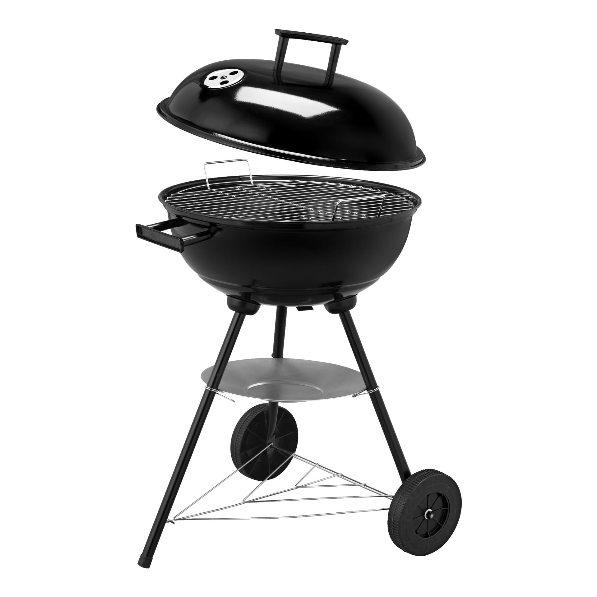 Grill Kettle Grill Burns & Barkles Coal King 430 to grill węglowy z okrągłą, podniesioną pokrywą, dwoma kółkami dla mobilności, trzema solidnymi nogami, podstawą na dole i uchwytami po bokach.