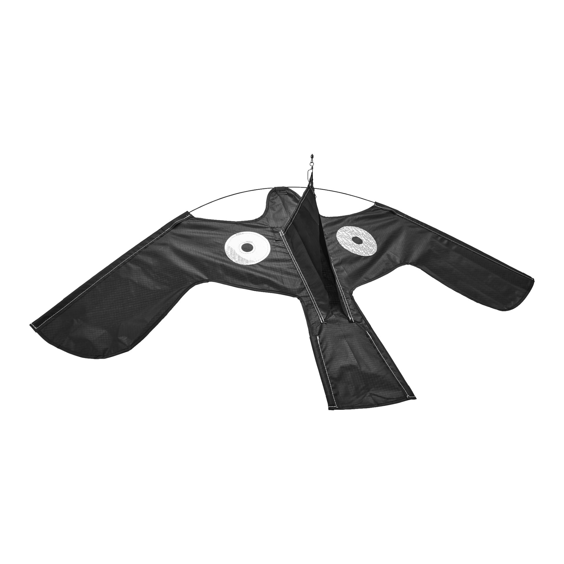 Twardy Head Bird Destrirent, w kształcie czarnego ptaka z dużymi, okrągłymi białymi oczami i rozpostartymi skrzydłami, wisi na sznurku. Jego minimalistyczny design ma na celu skuteczne odstraszanie ptaków.