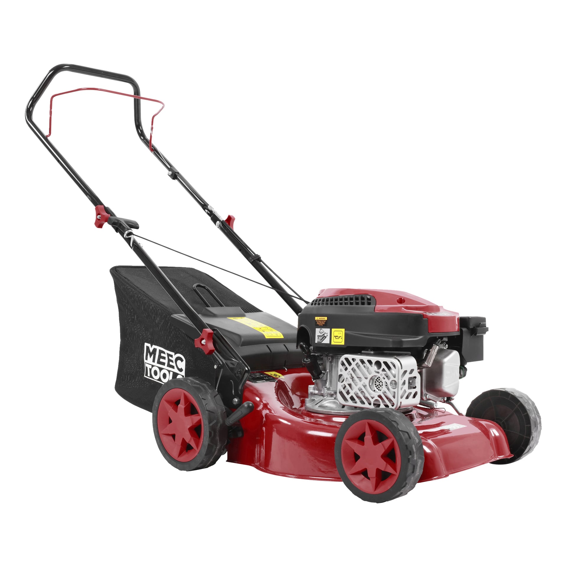 Röd och svart Meec Tools bensingräsklippare med fyra hjul, ett skjuthandtag och en bakre säck för gräsuppsamling.
