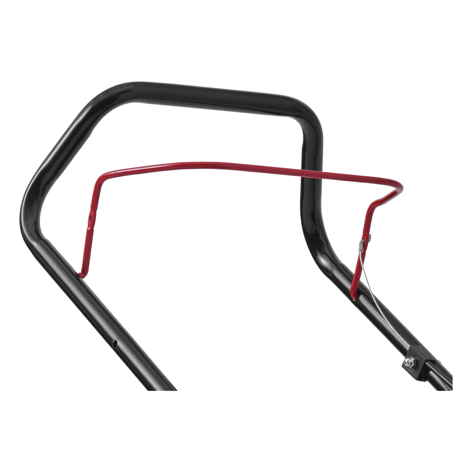 Närbild på Meec Tools bensinhandtag som visar en svart metallram och en röd säkerhetsstång, med fokus på den övre delen av tryckhandtaget och styrspaken.
