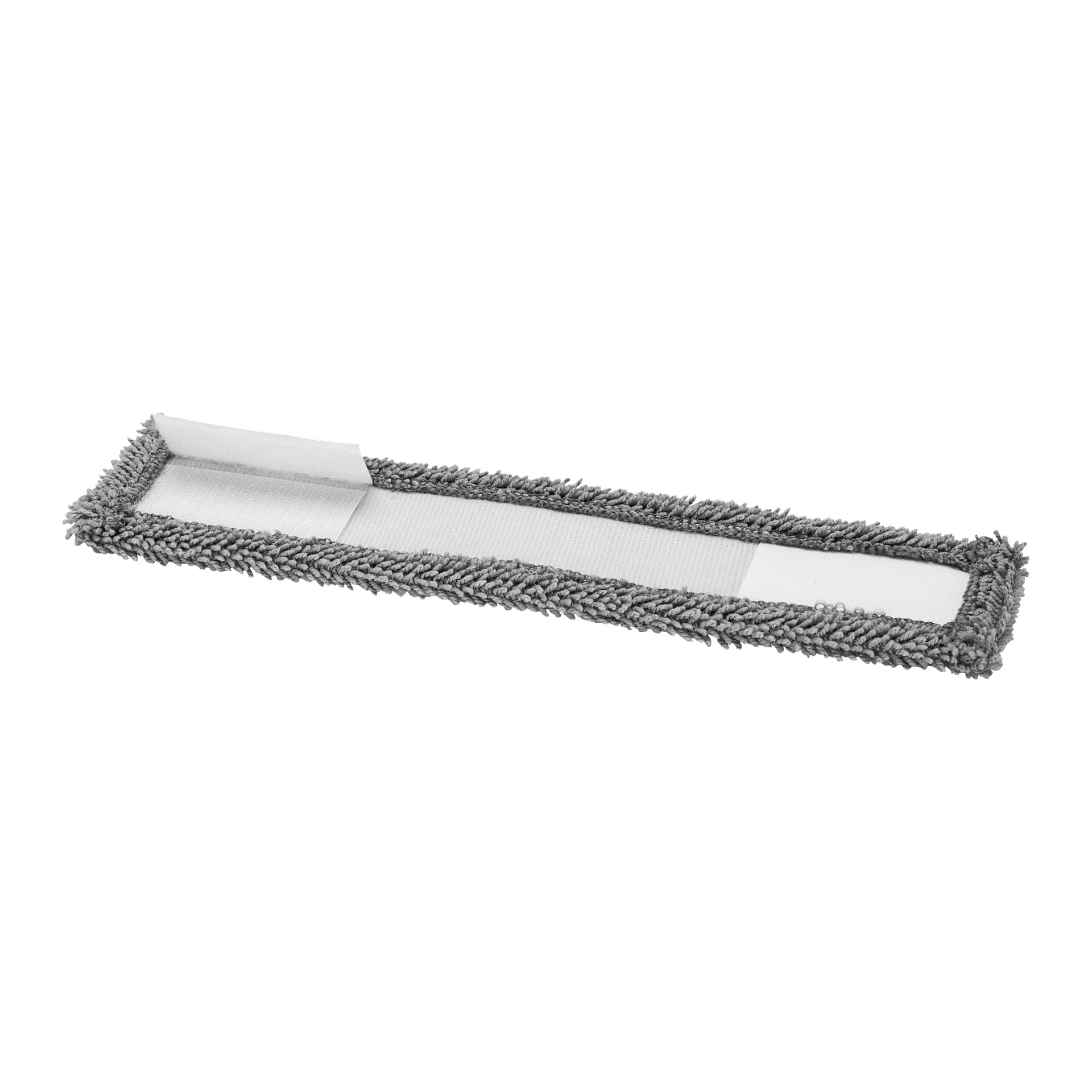 En rektangulär grå mikrofiberduk från Menuett Polishing Cloths 3 Pack visas med rufsiga kanter och en vit fästremsa.