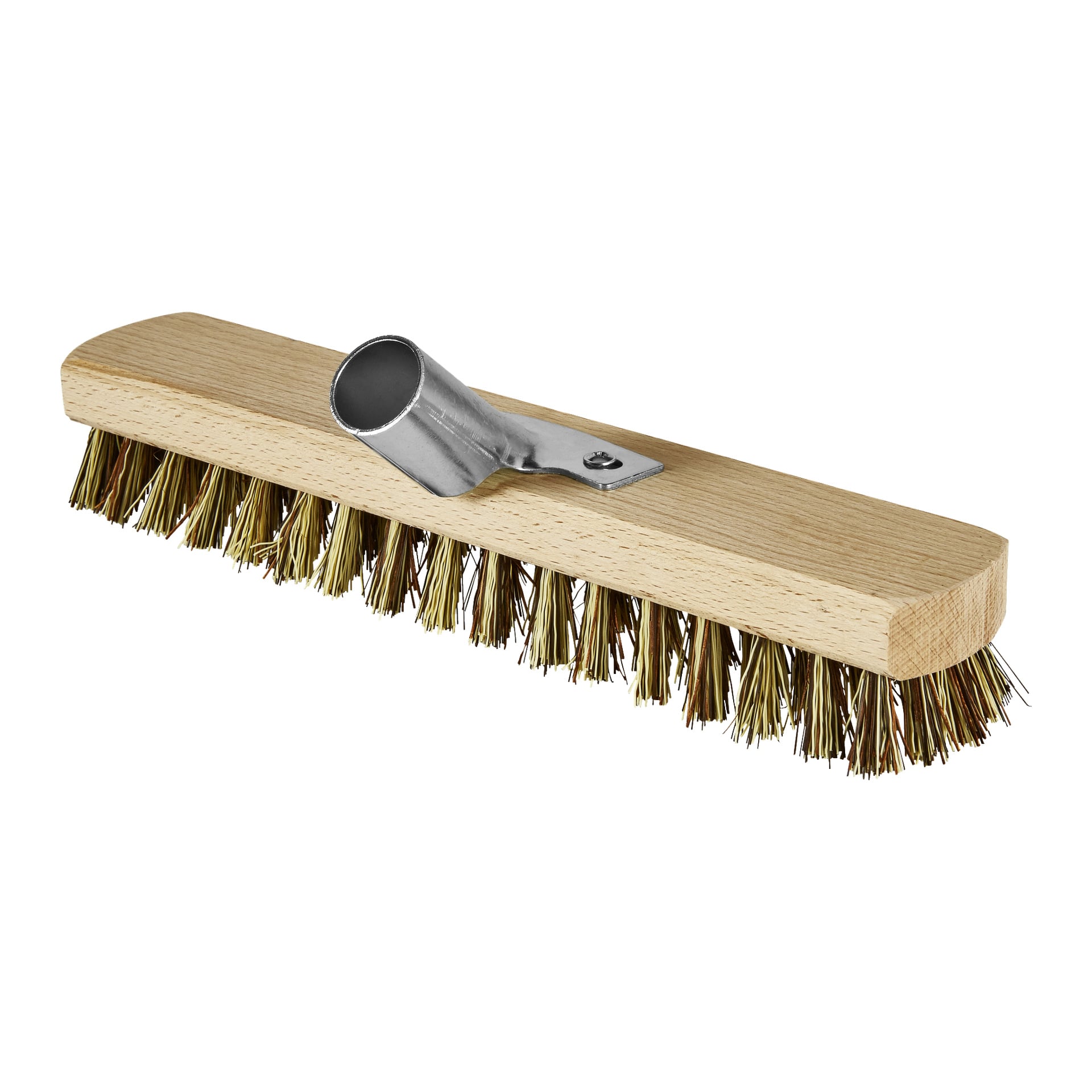 Menuett Scrubbing Brush har ett rektangulärt trähuvud utrustat med flera rader styva borst och en metallhylsa avsedd för handtagsfäste.