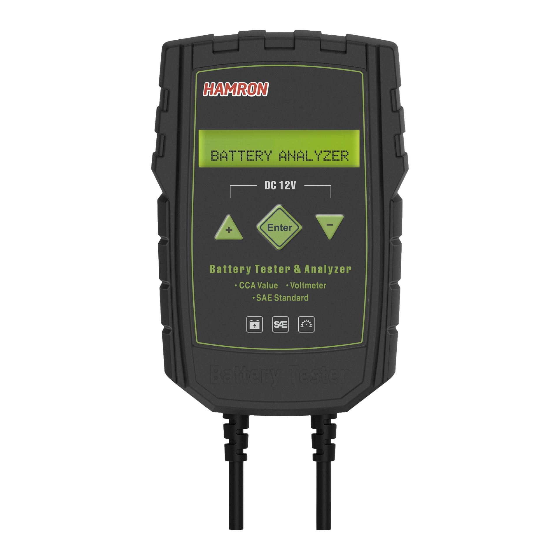 tester baterii i ładowania Hamron z cyfrowym ekranem wyświetlającym "BATTERY ANALYZER", kilkoma przyciskami i dwoma kablami wychodzącymi z dołu. Mierzy napięcie, wartość CCA i spełnia normy SAE.