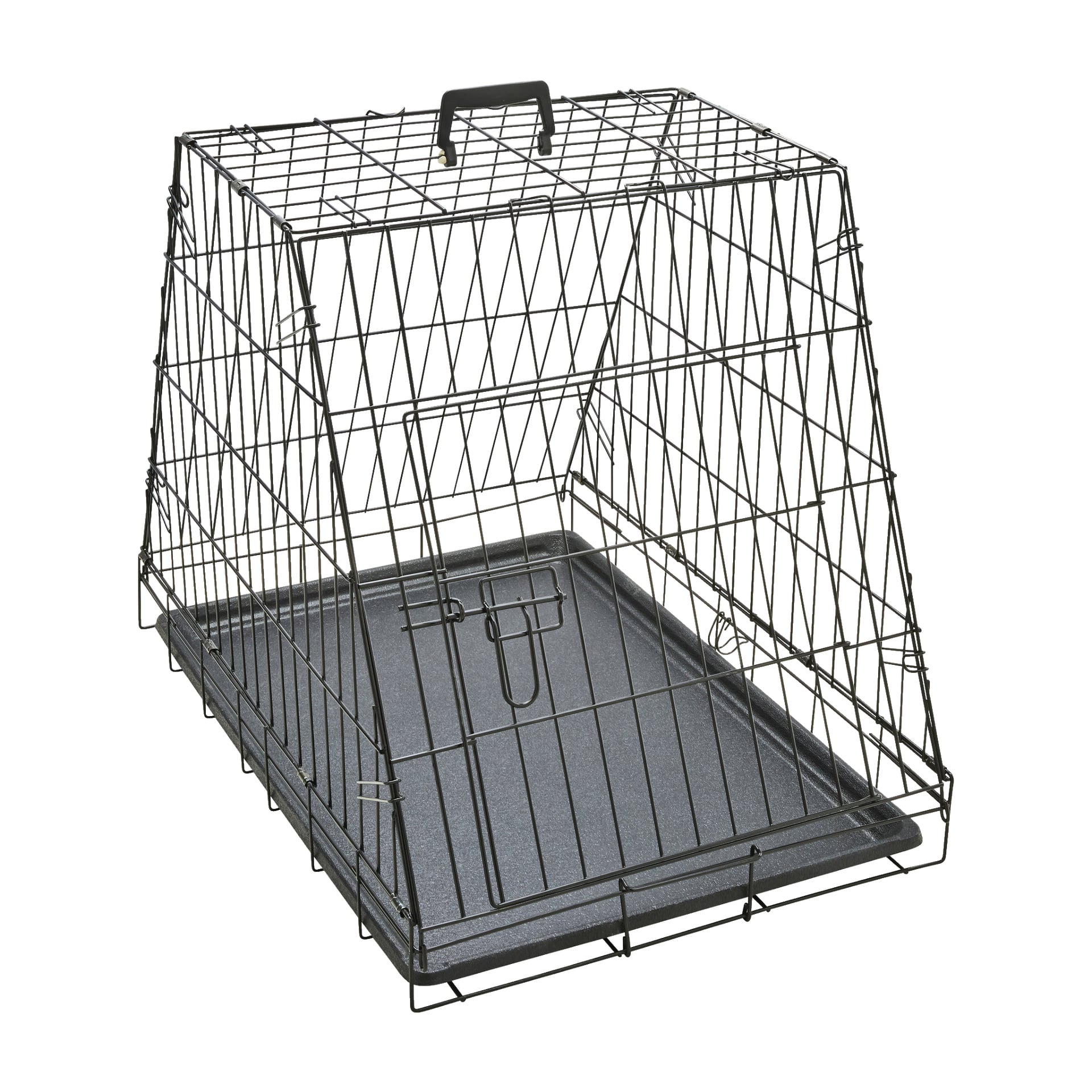 Kayoba Pet -häkki, jossa on vahvat metalliset lankasivut, musta kahva ylhäällä kantamista varten, viisto etuovi ja irrotettava musta muovitarjotin alareunassa. Häkki on tyhjä.