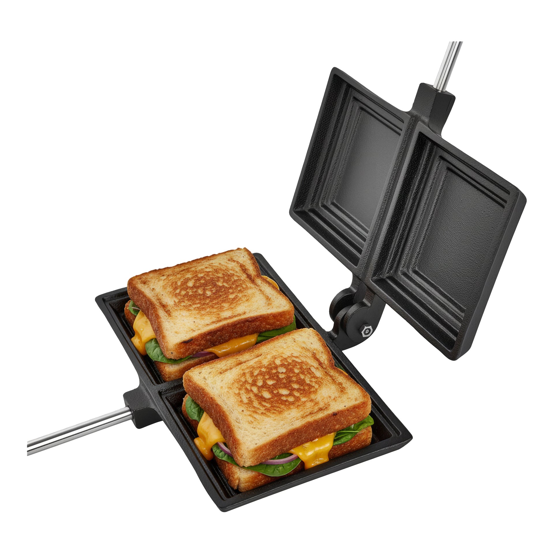 Ett öppet Kayoba Sandwich-strykjärn med förlängda metallhandtag grillar två ostsmörgåsar, deras bröd är gyllene och ost smält.
