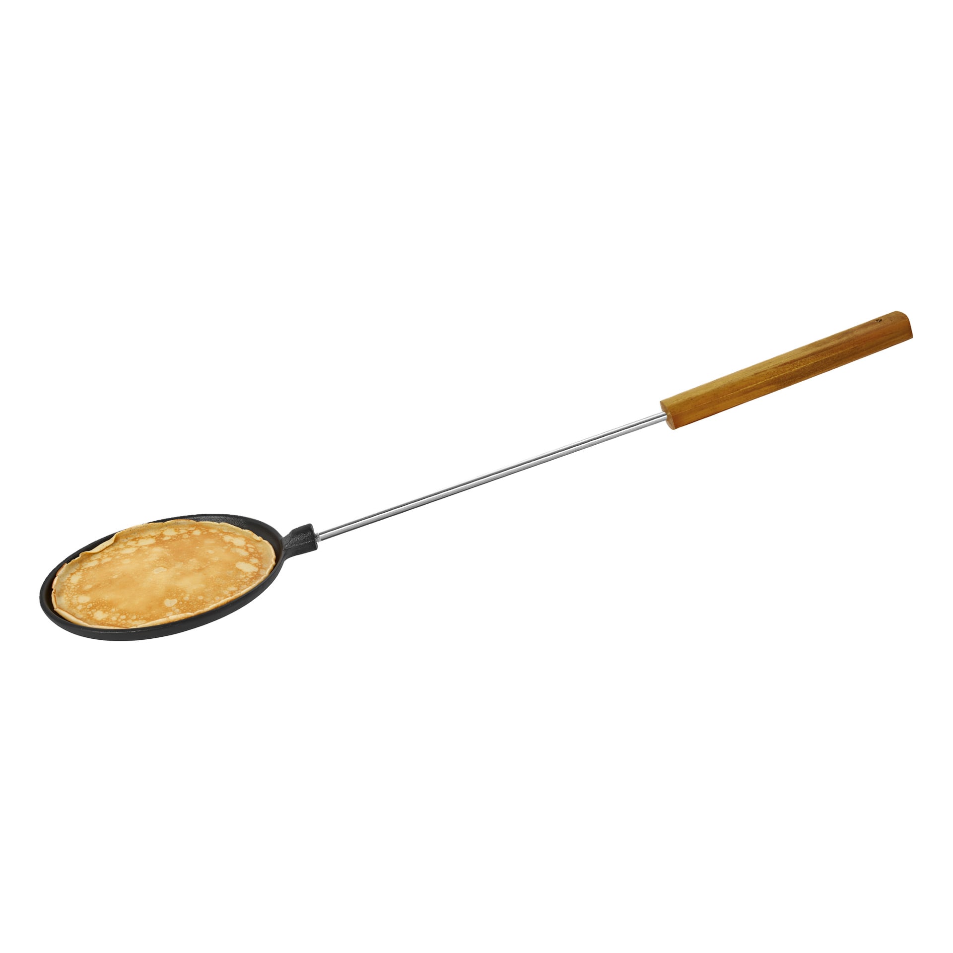 Eine Kayoba Pfannkuchenpfanne mit langem Metallgriff und Holzgriff hält einen runden Pfannkuchen.
