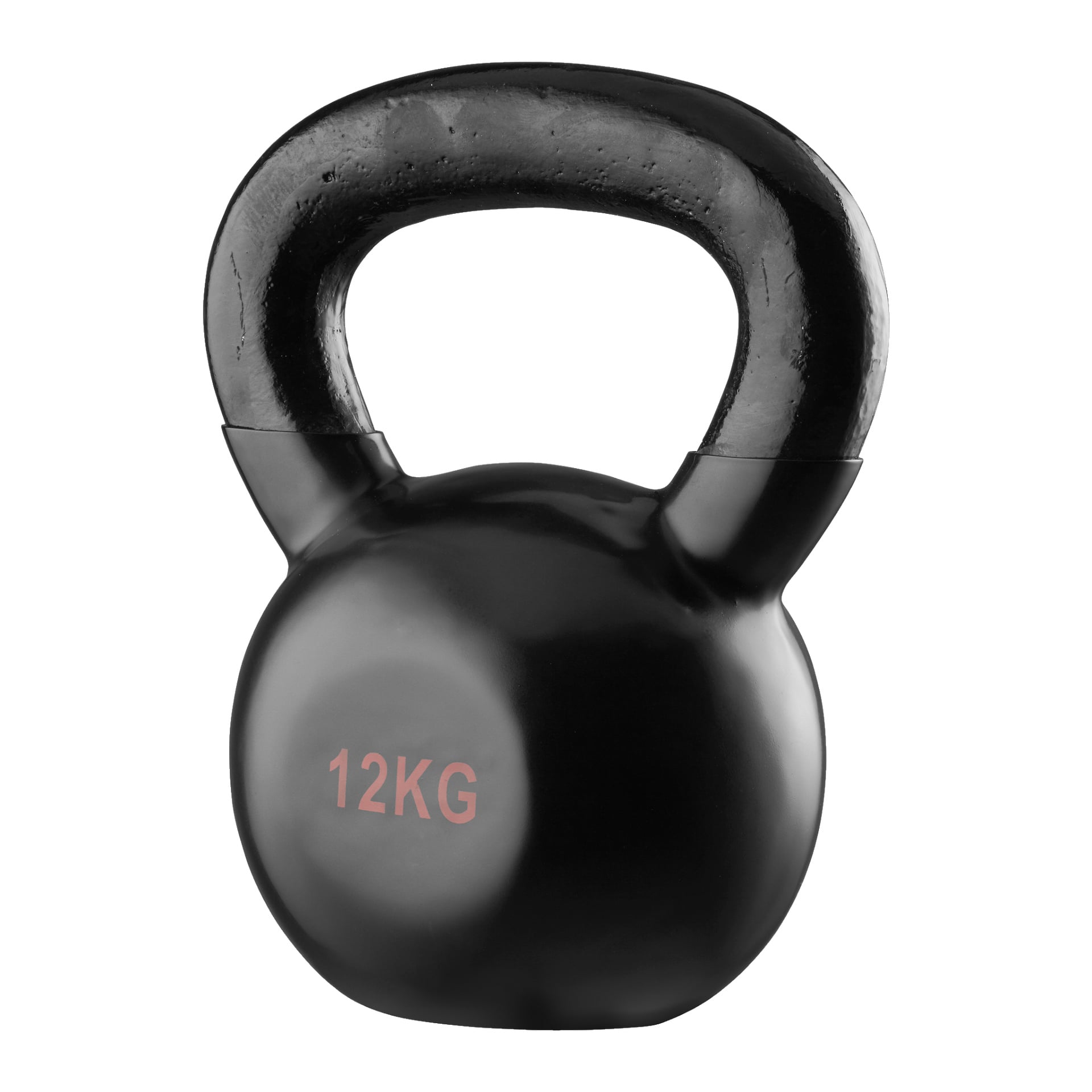En skinnende svart Kayoba kettlebell har en rød 12KG-etikett foran som viser vekten.