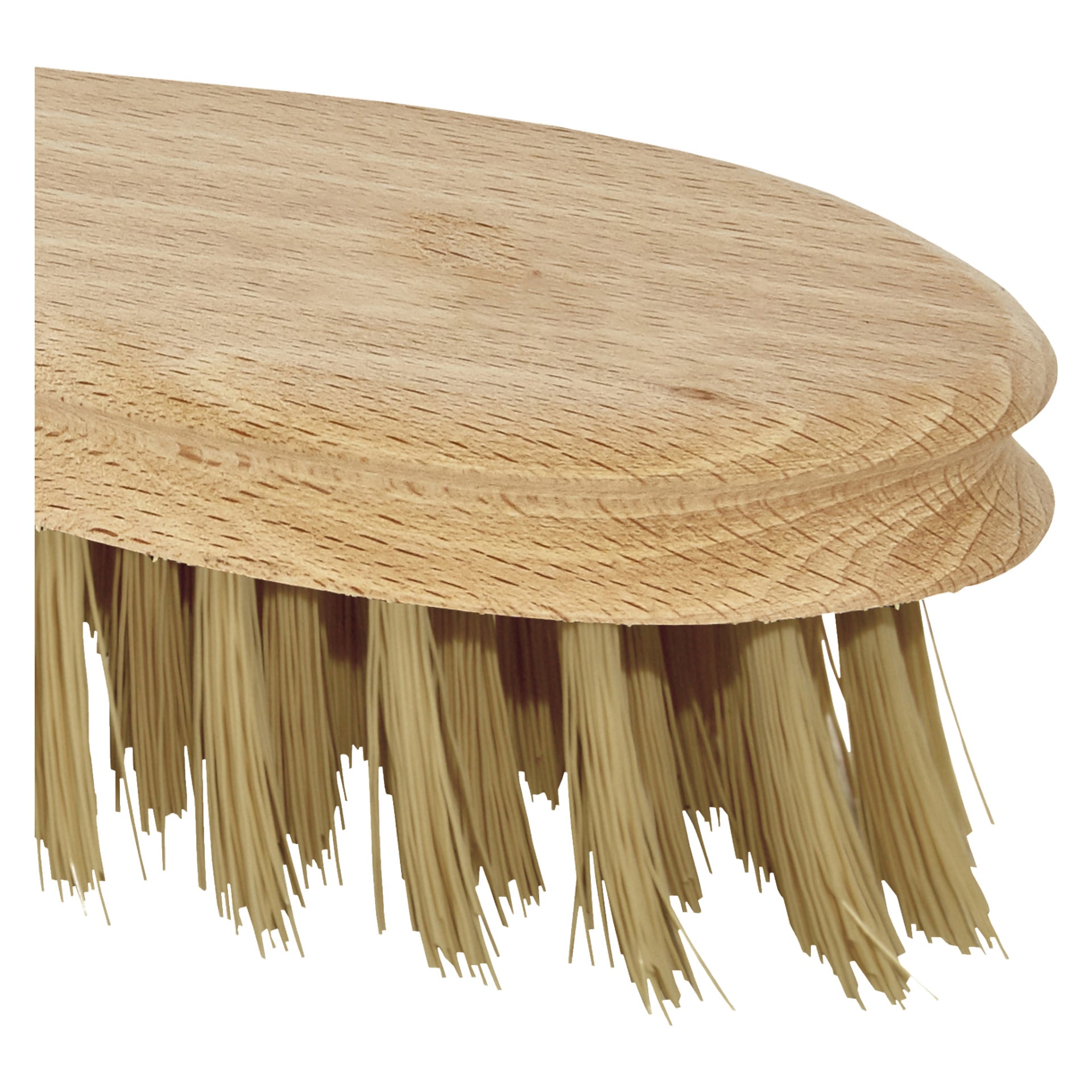 En detaljerad vy av Menuett Scrubbing Brush visar dess naturliga borst, där vinkeln framhäver både träets textur och de oregelbundna borsttopparna.
