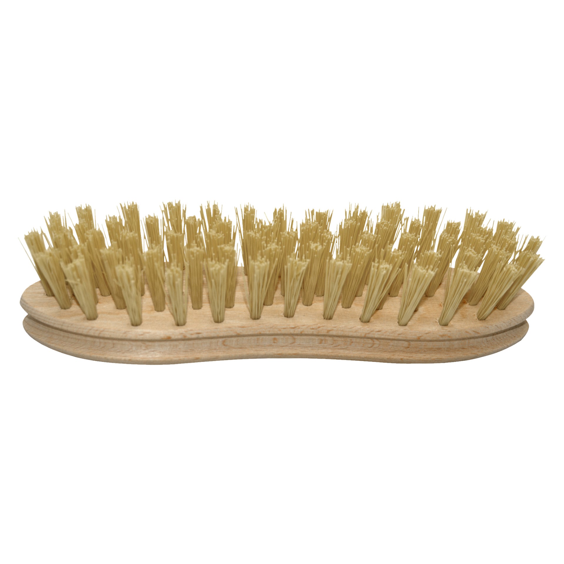 En detaljerad närbild av Menuett Scrubbing Brush framhäver dess tjocka, styva borst som står upprätt och dess mjukt böjda trähandtag som är utformat för bättre grepp.