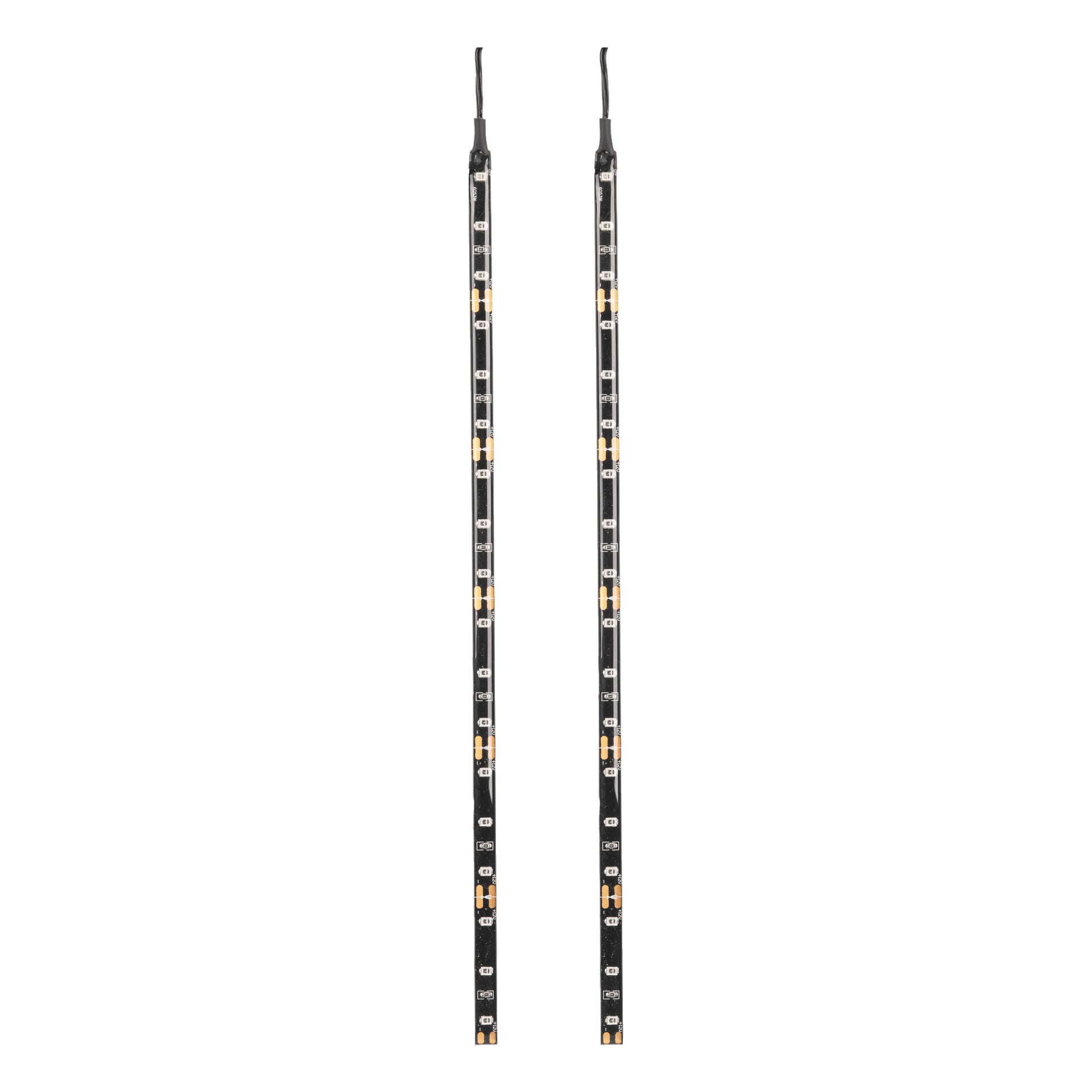 Två Hamron LED-strimmor (2-pack) är placerade vertikalt sida vid sida, där varje svart remsa visar synlig kretsar och kopparkontakter, med en svart ledning som sträcker sig från toppen.