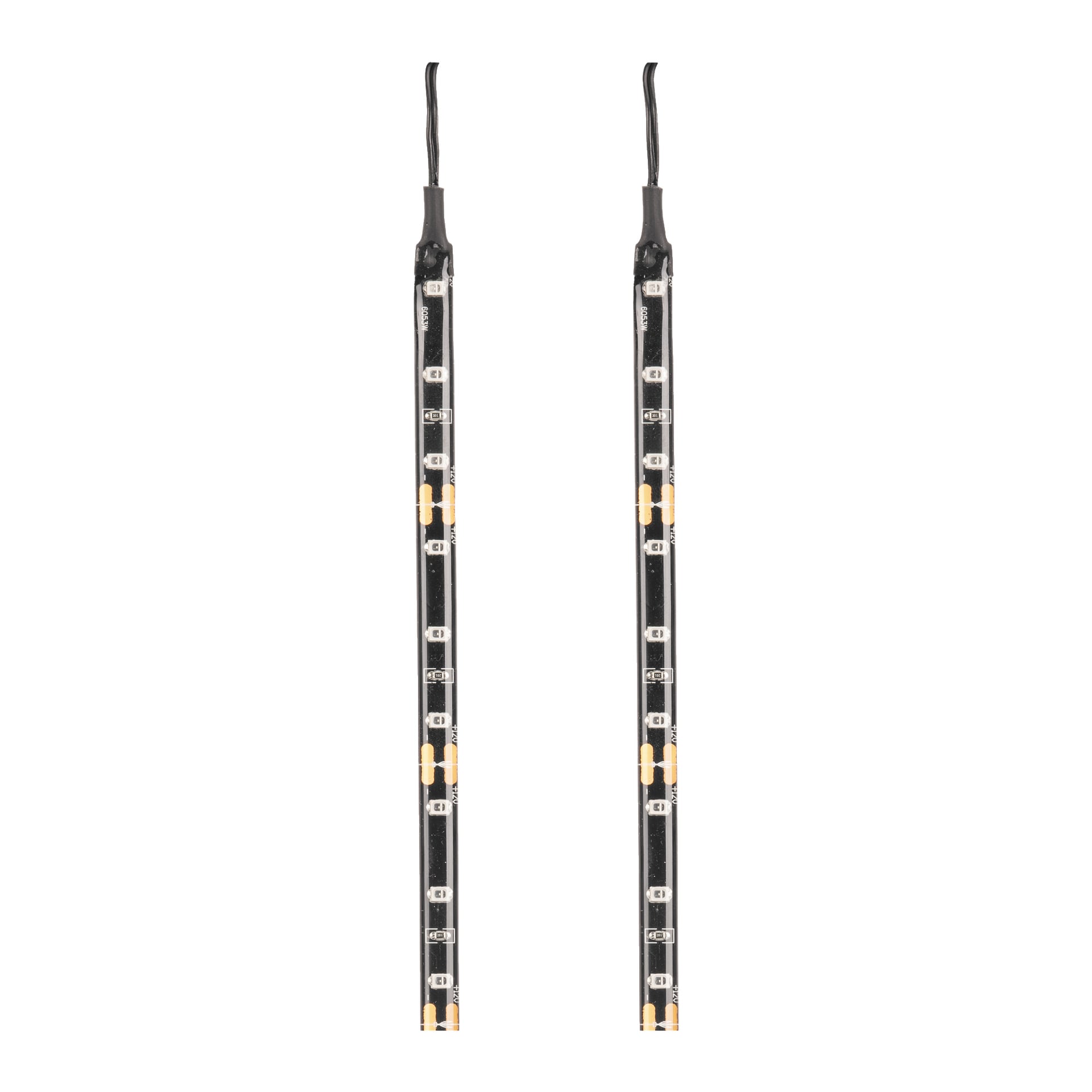 Hamron LED-stripe 2-pakken inkluderer to vertikale lysstriper med svarte kapslinger og synlige kretselementer, begge koblet sammen med en svart ledning øverst. Stripene er plassert parallelt med hverandre.
