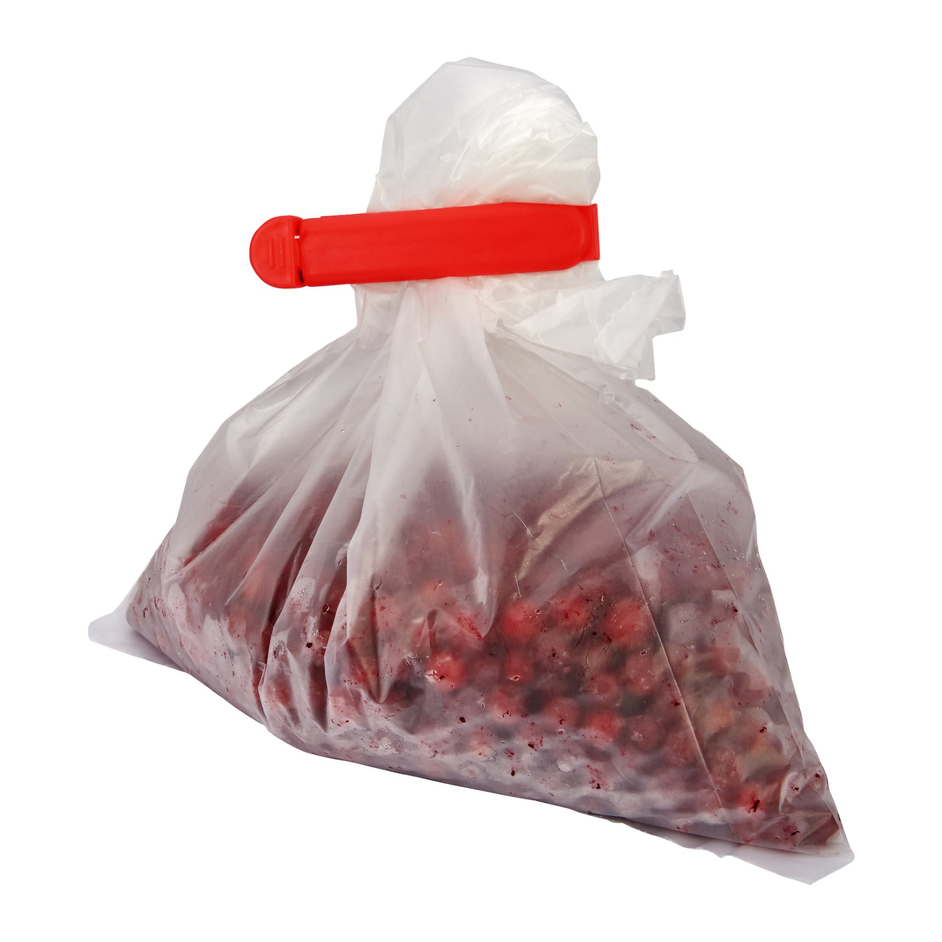 En förseglad plastpåse fylld med en röd, grov blandning är stängd upptill med ett Menuett-klämma från Bag clips 20-packet.