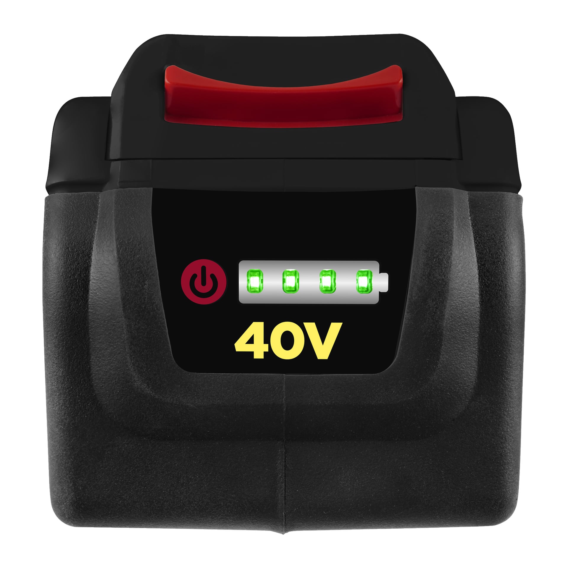 bateria Meec Tools Multiseries 40 V z czerwoną rączką, przyciskiem zasilania i wskaźnikiem baterii pokazującym cztery zielone paski oznaczające pełne naładowanie.
