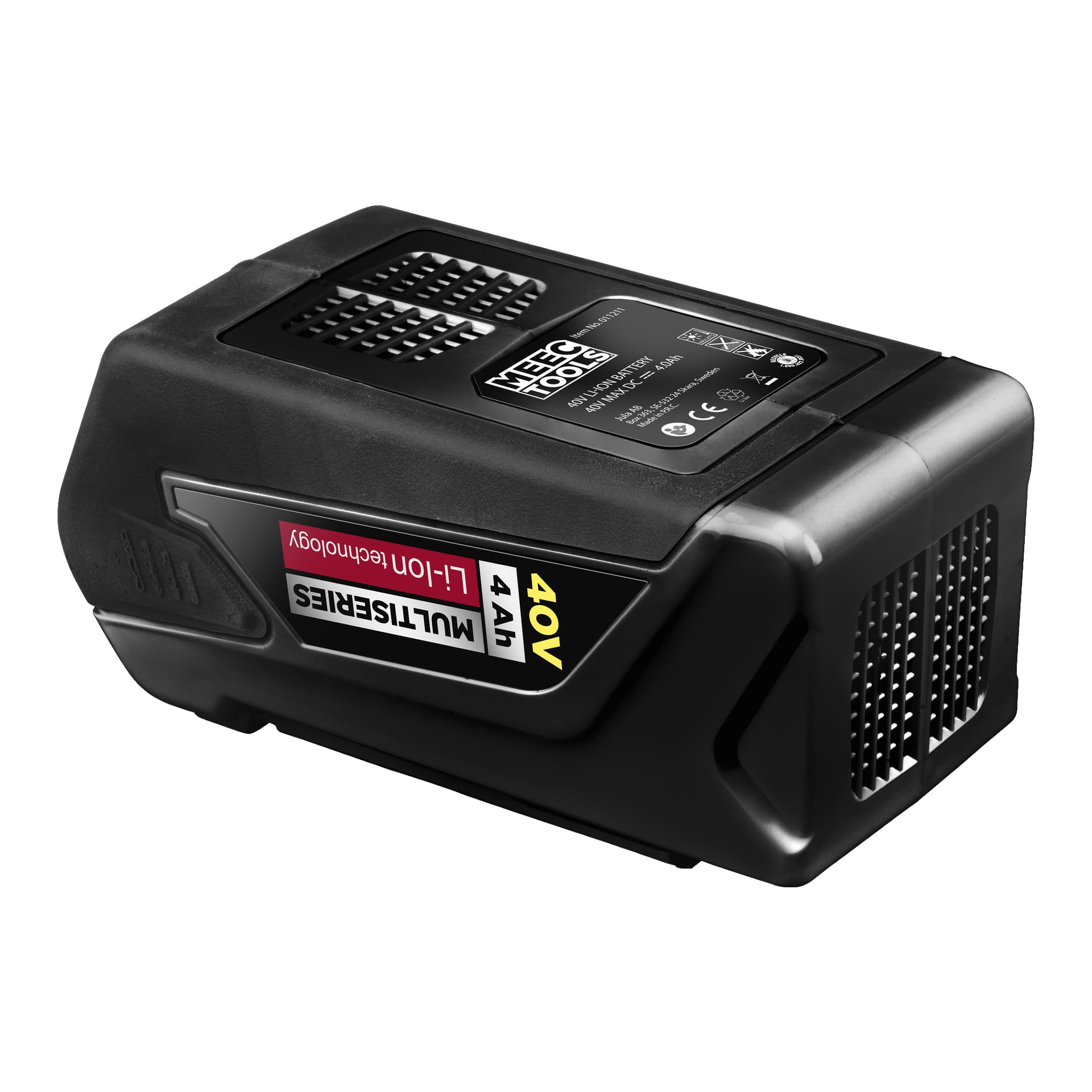 bateria Meec Tools Multiseries 40 V z etykietami technologii Li-Ion na powierzchni, widocznymi otworami wentylacyjnymi oraz szczegółami produktu.