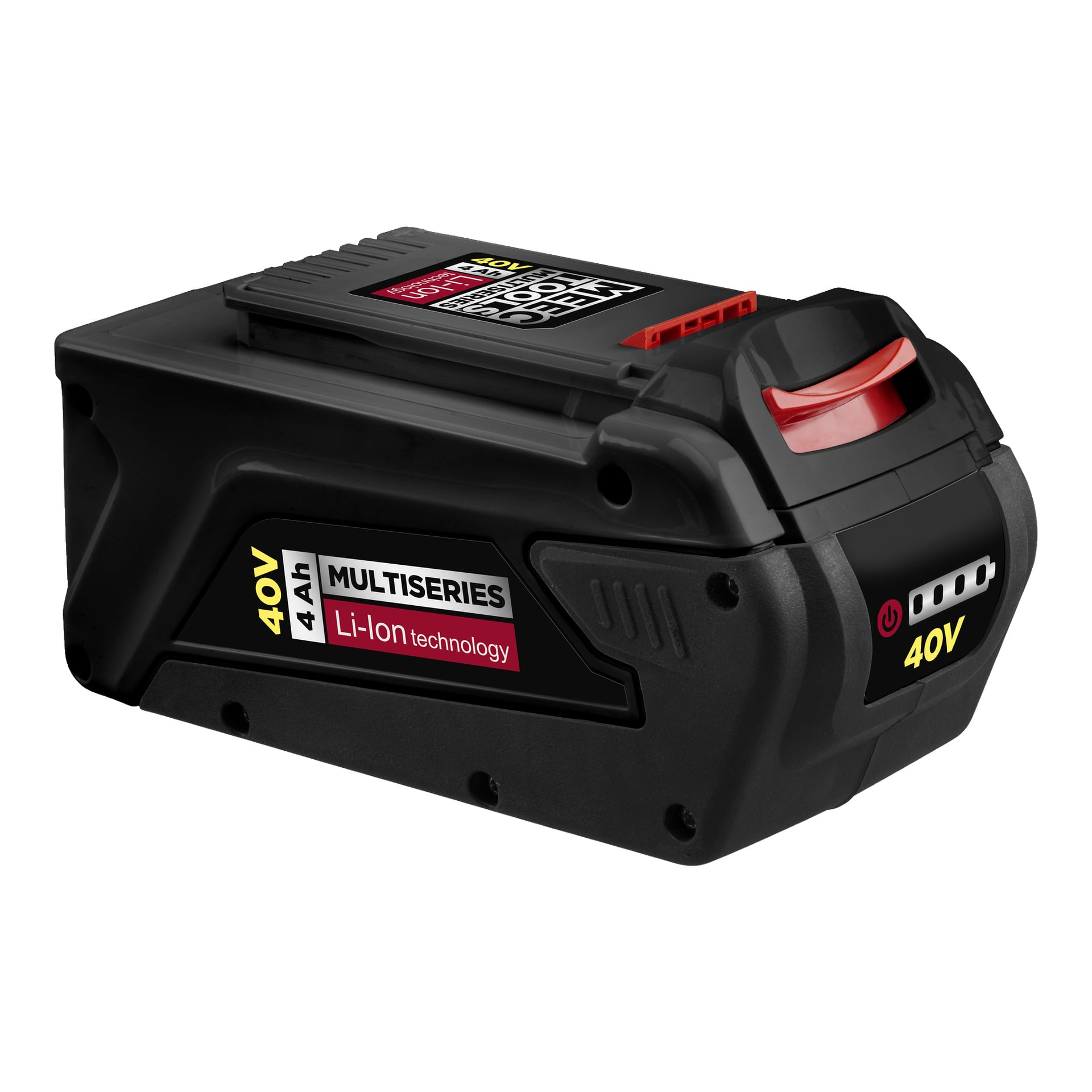 pakiet baterii lito-jonowy Meec Tools Multiseries 40 V z czerwonymi i żółtymi etykietami, podkreślający technologię Li-Ion. Bateria ma kontrolki i wyraźny czerwony zatrzask zwalniający.