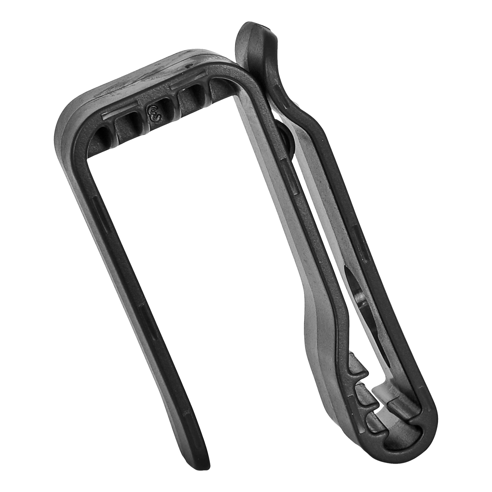 Zbliżenie czarnego plastikowego klipsa do pasa Meec Tools Staple Gun, ukazującego jego zawiasową konstrukcję i wycięcia boków. Klips jest częściowo otwarty, odsłaniając centralny rowek zaprojektowany do mocnego przymocowania zszywacza do pasa lub paska.