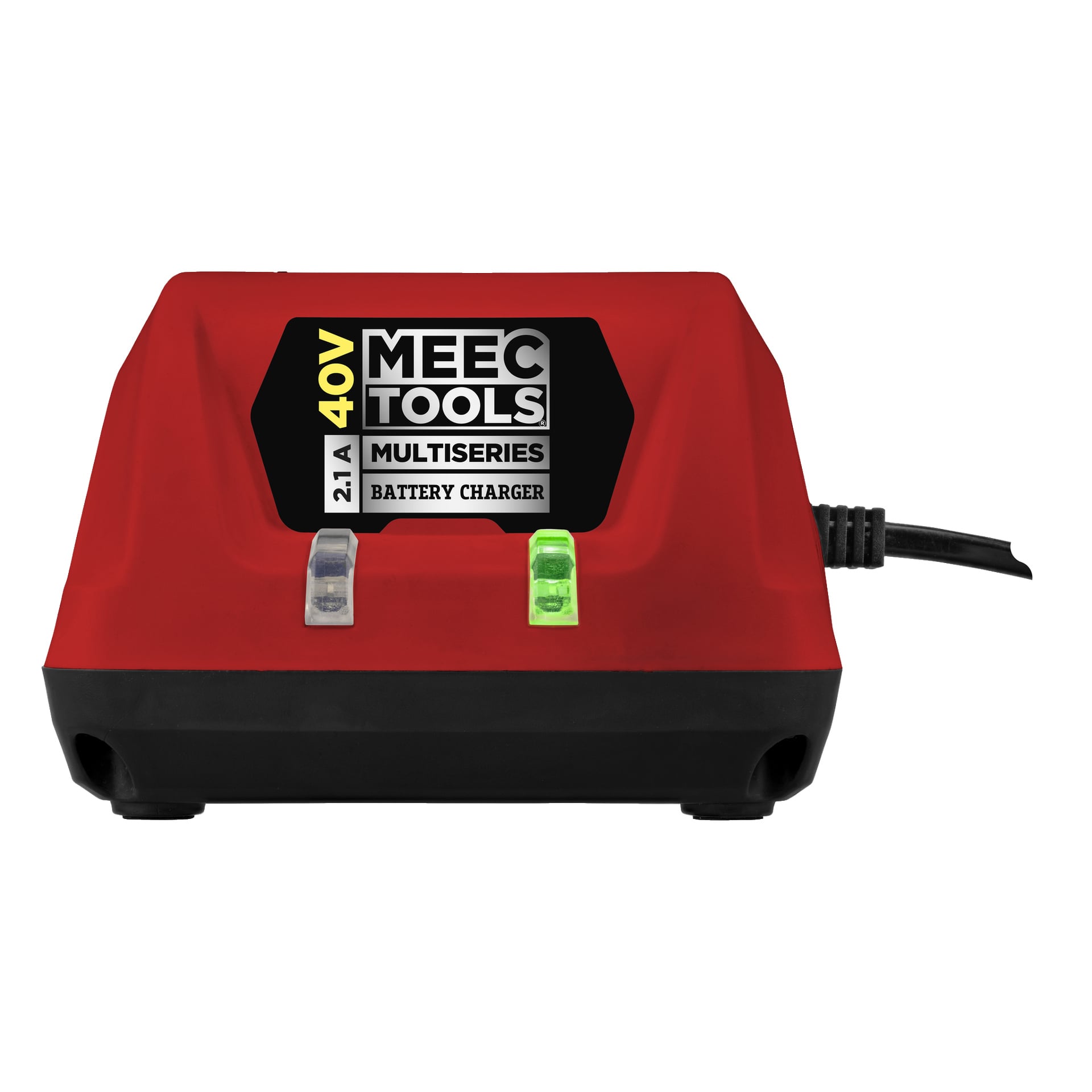 En Meec Tools Multiseries 40V batteriladdare i rött och svart, märkt 2,1A, med en sladd som sträcker sig från höger sida och två främre indikatorlampor—en transparent och en grön.