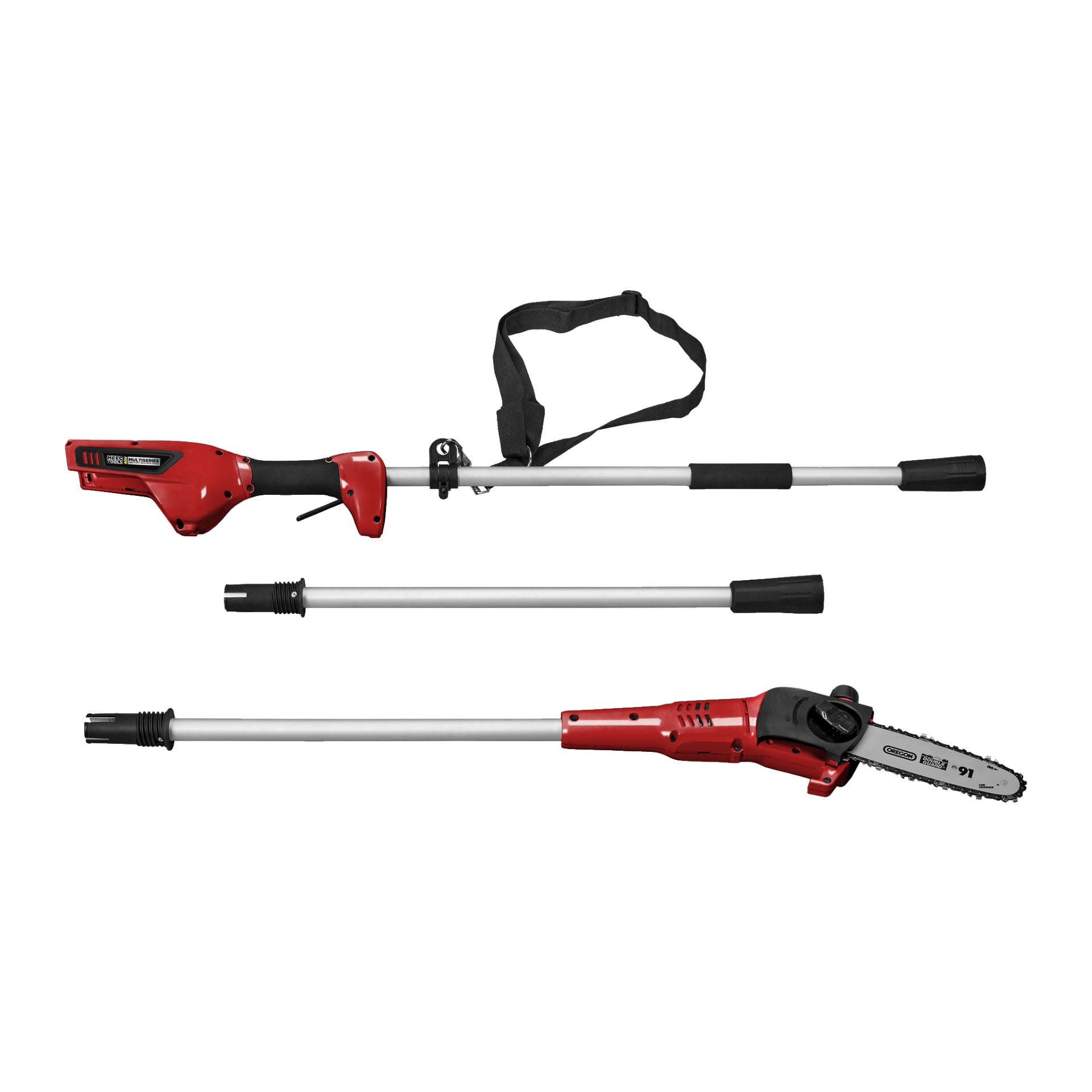 Meec Tools Multiseries 40 V batteridrevne beskjæringssag vises demontert i tre deler: et håndtak med stropp, en forlengelsesskaft og et motorsaghode-feste.