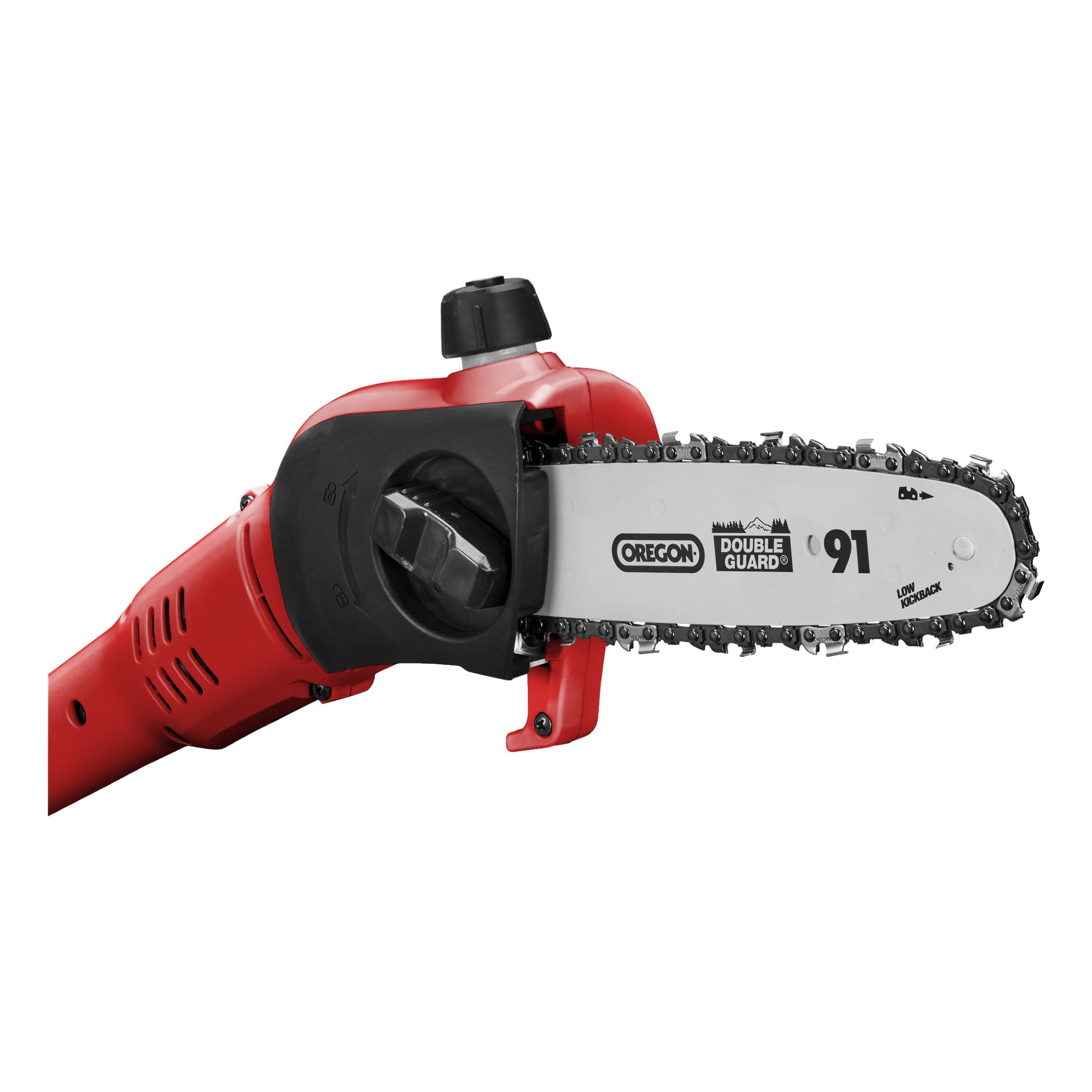 Detaljert bilde av en rød Meec Tools Multiseries 40 V trådløs beskjæringssag med forlengelsesaksel, som viser et sølvfarget Oregon Double Guard 91-blad, en svart kjede og en justeringsknapp i klar sikt. Fokuset er på bladet og håndtaket.
