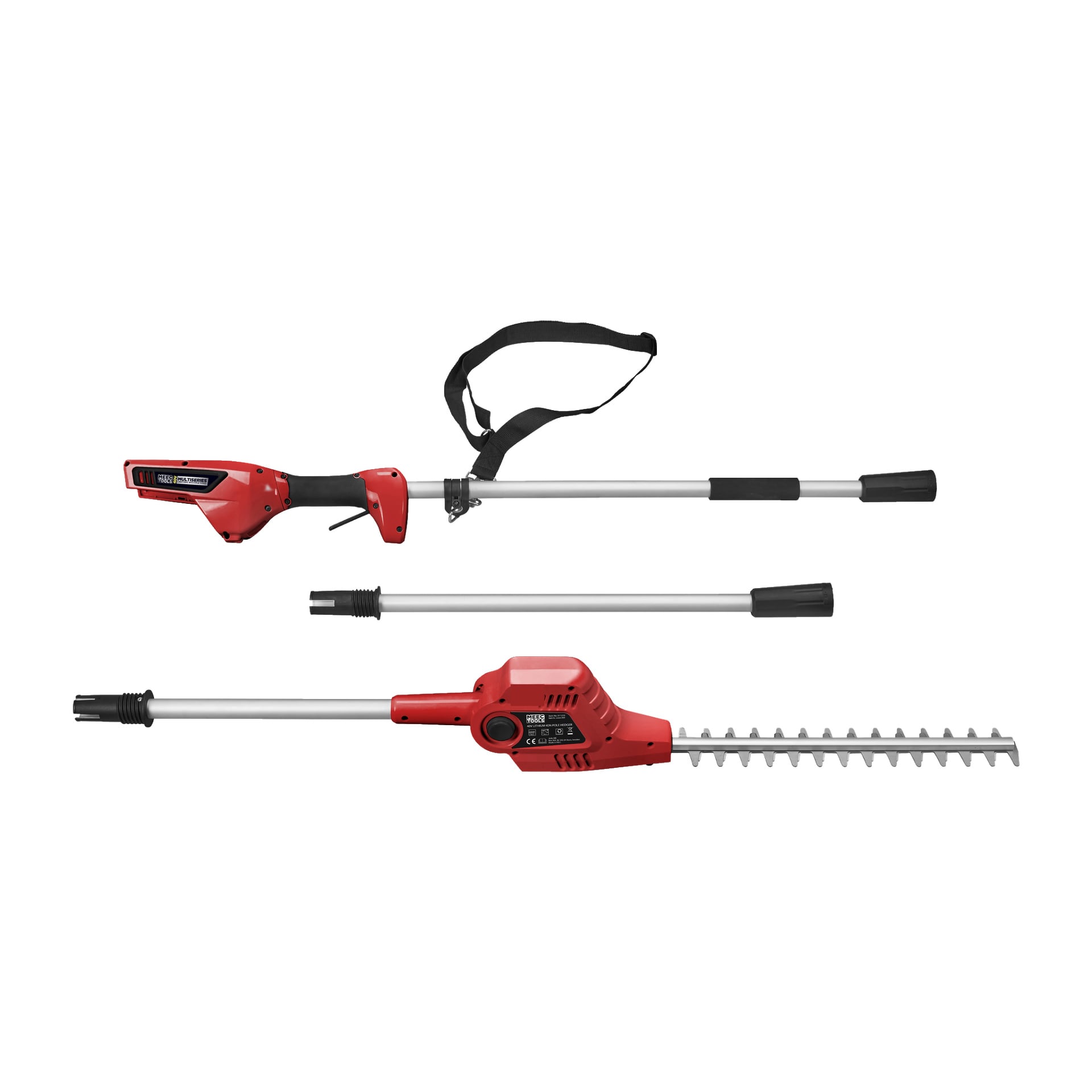 Czerwono-bateriowa podkaszaczka Meec Tools Multiseries 40V jest prezentowana w trzech oddzielnych elementach: uchwytie silnika z przymocowanym ramięczkiem, sekcji ostrza oraz przedłużacza. Wszystkie partie mają srebrne trzony i czarne akcenty.