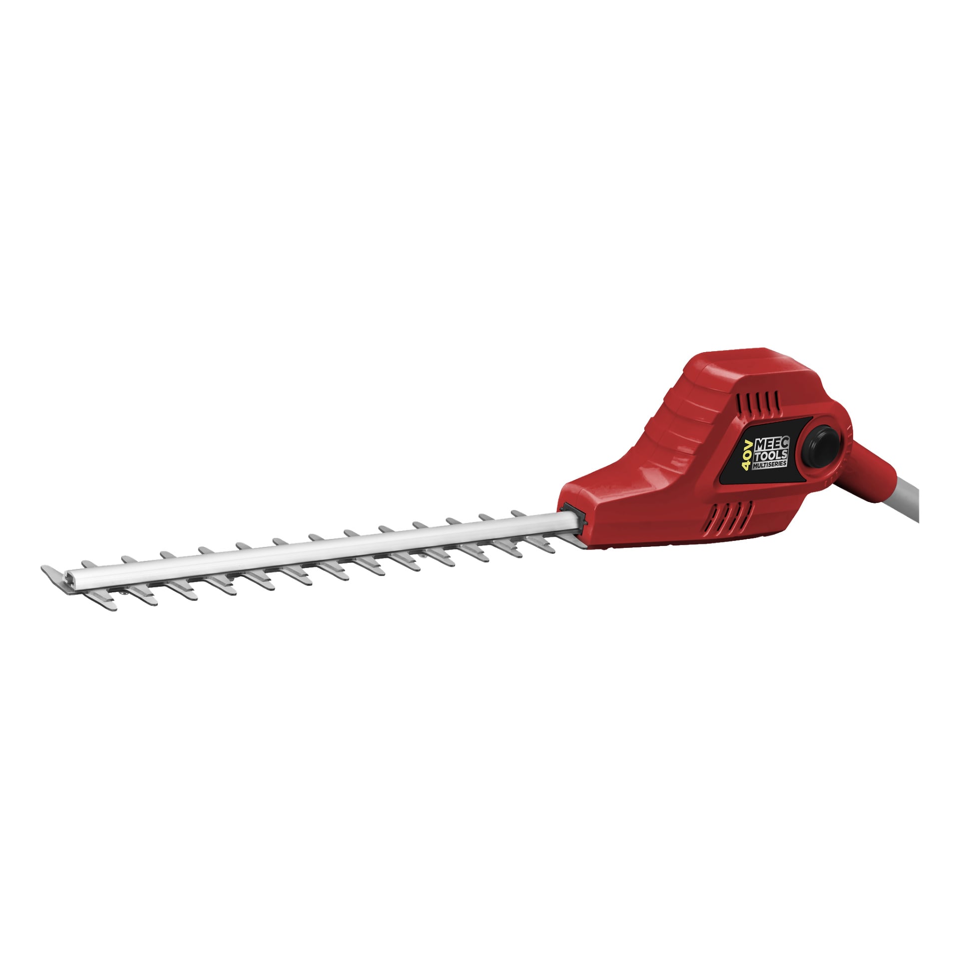 Meec Tools Multiseries 40V zasilana baterią podtrzymywacza żywopłotów z czerwonym korpusem, czarno-żółtym oznaczeniami i srebrnym ostrzem.