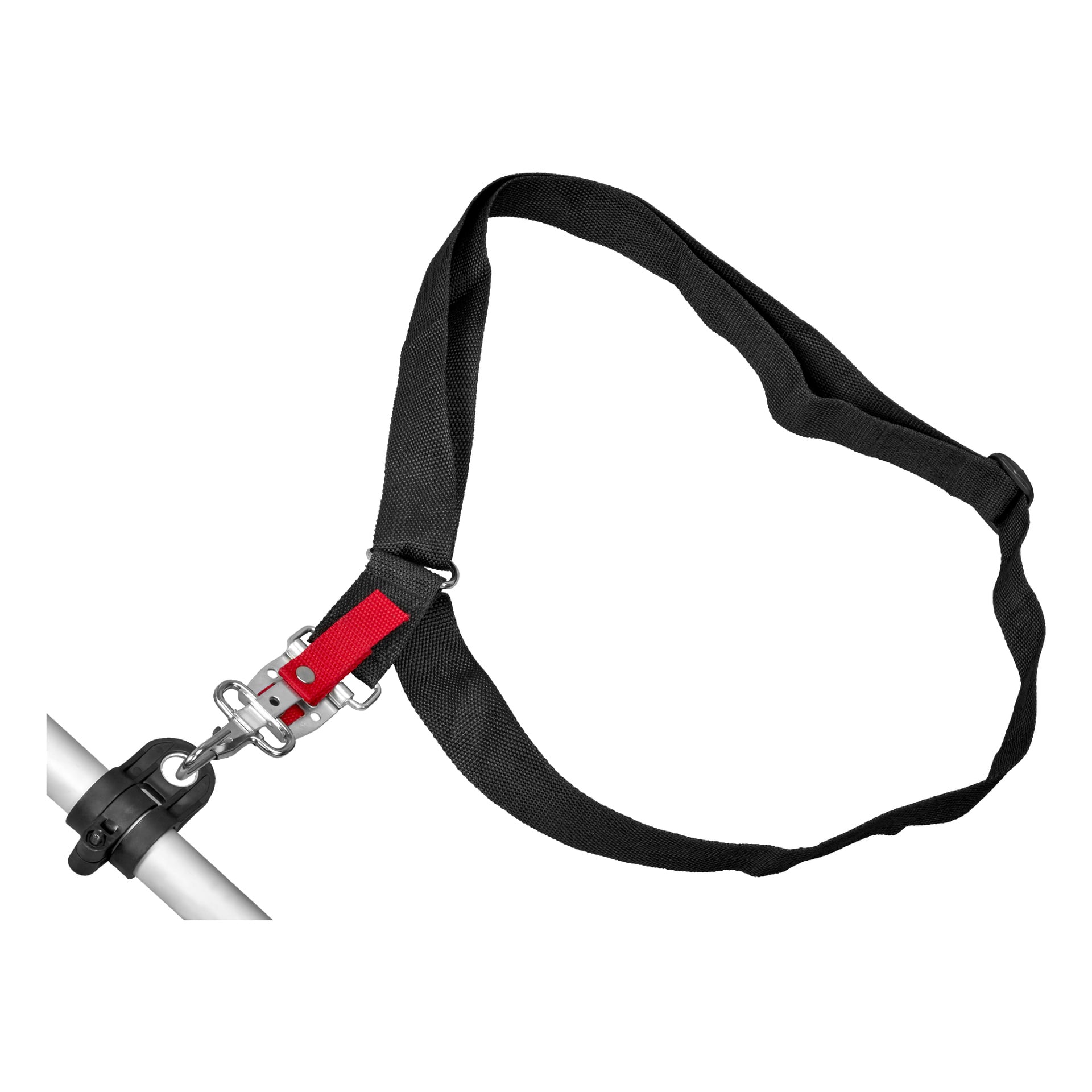 Regulowany pasek na ramię z czerwonym akcentem i metalowym klipsem jest połączony z bateriowym podtrzymywaczem Meec Tools Multiseries 40 V, prawdopodobnie dla ułatwienia noszenia lub dodatkowego wsparcia.