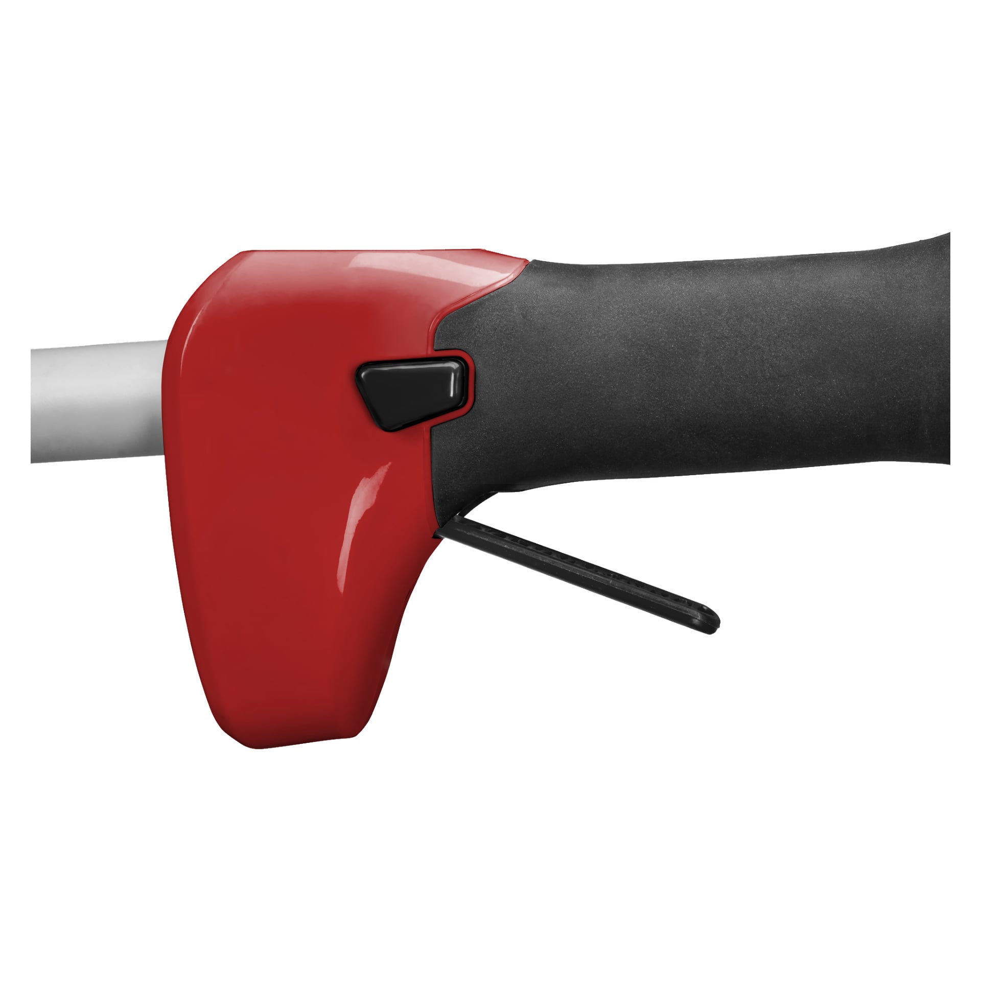 Zbliżenie na Meec Tools Multiseries 40 V bateriową podtrzymywkę żywopłotów, skupiającą się na czarnej rączki z czerwonym plastikowym obudową, czarnym spustem i małą dźwignią.