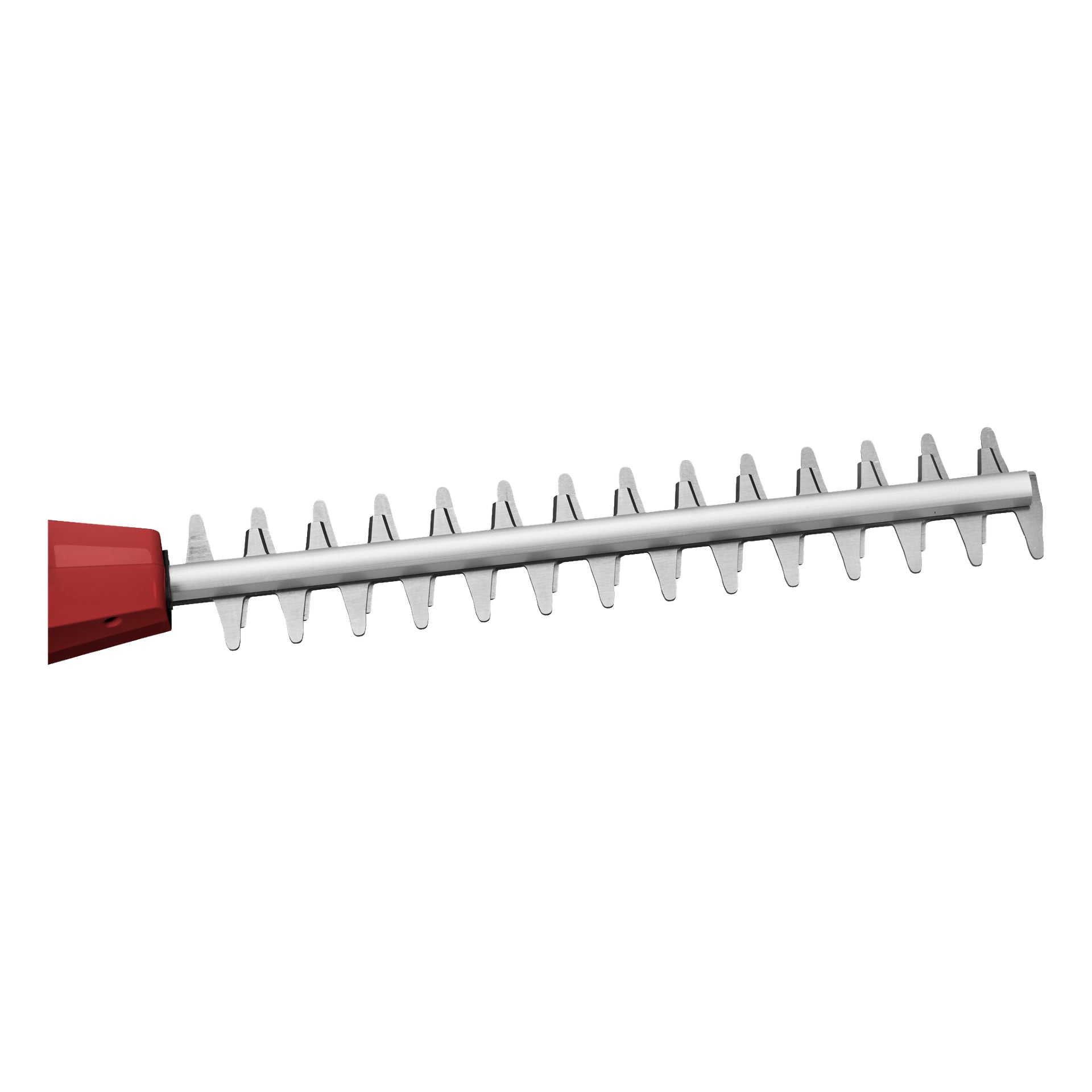 Szczegółowe zbliżenie przedstawiające ostrze podkaszaka żywopłotu 40 V Meec Tools Multiseries z czerwonym uchwytem po lewej stronie. Ostre, srebrne ząbki ostrza dwurzędowego są wyraźnie widoczne, zaprojektowane do efektywnego przycinania gałęzi i żywopłotów.