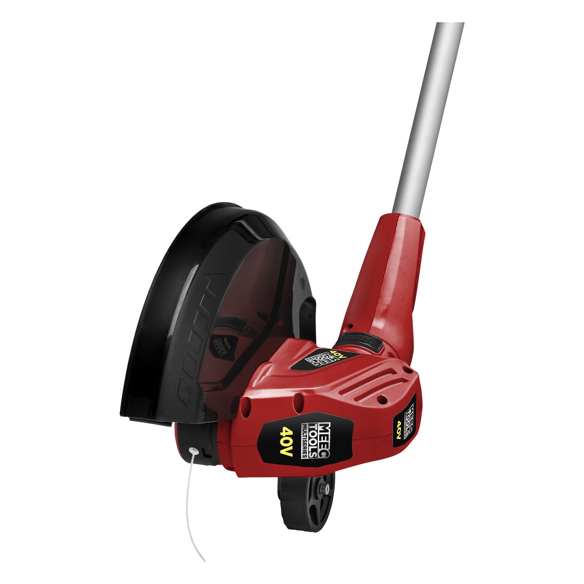 Meec Tools Multiseries bezprzewodowa podkaszaczka do trawy 40 V z czerwono-czarną kolorystyką, metalową rączką, ochronną osłoną i odsłoniętym kołem.