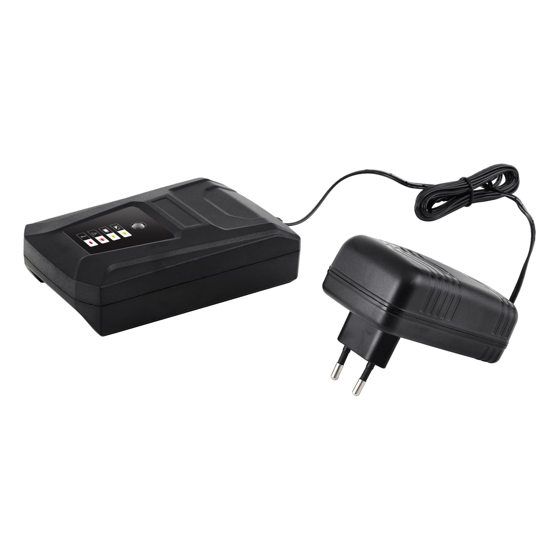 Na zdjęciu jest bezprzewodowa podkaszaczka do trawy Meec Tools Multiseries 40 V podłączona do czarnego zasilacza za pomocą dwupinowego gniazdka, a kabel adaptera jest podłączony do trymerki.