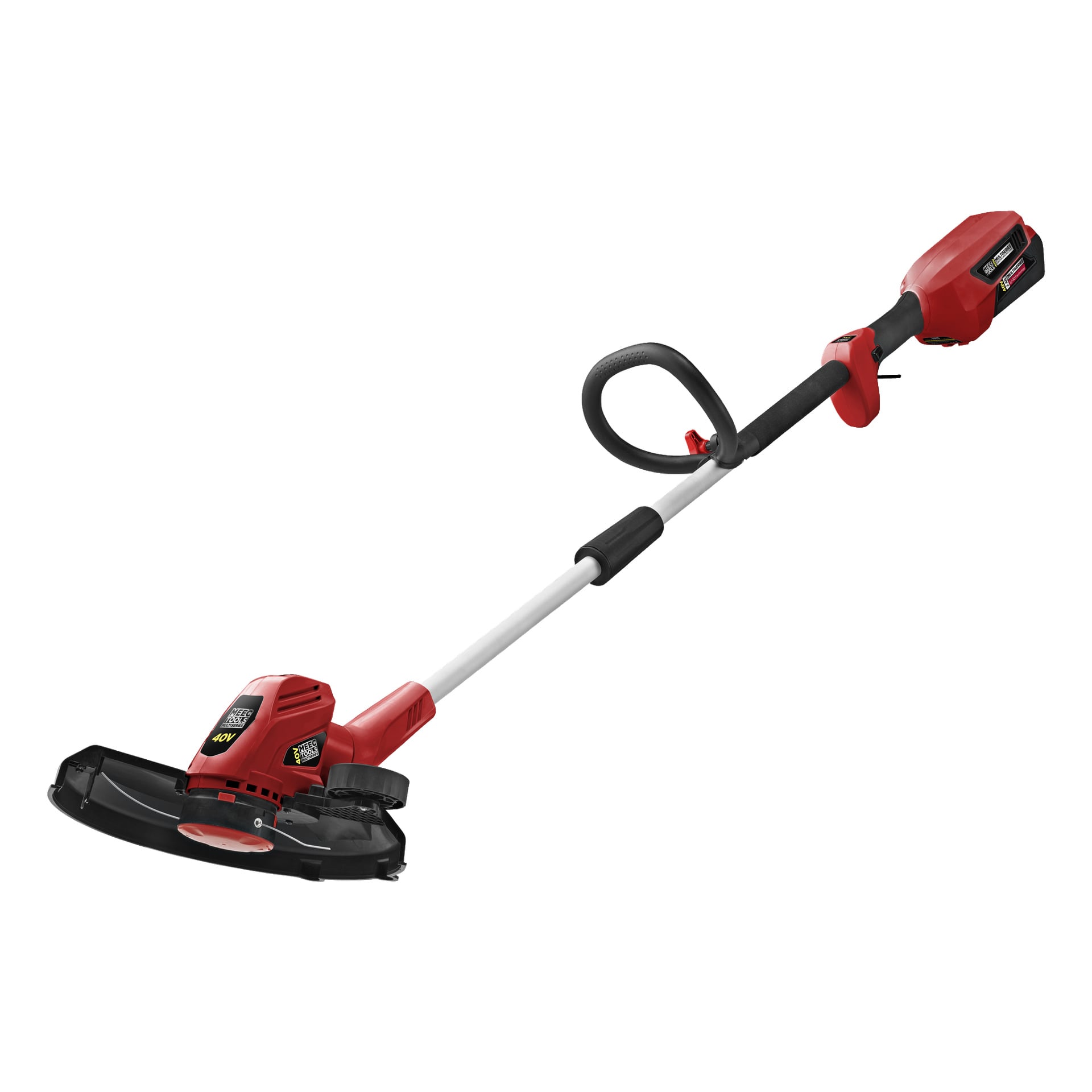 Czerwono-bezprzewodowa podkaszaczka do trawy Meec Tools Multiseries 40 V, zaprojektowana z długim uchwytem z pętlą, ochronną osłoną przy głowicy do przycinania oraz pakietem baterii zamontowanym na górnym końcu uchwytu.