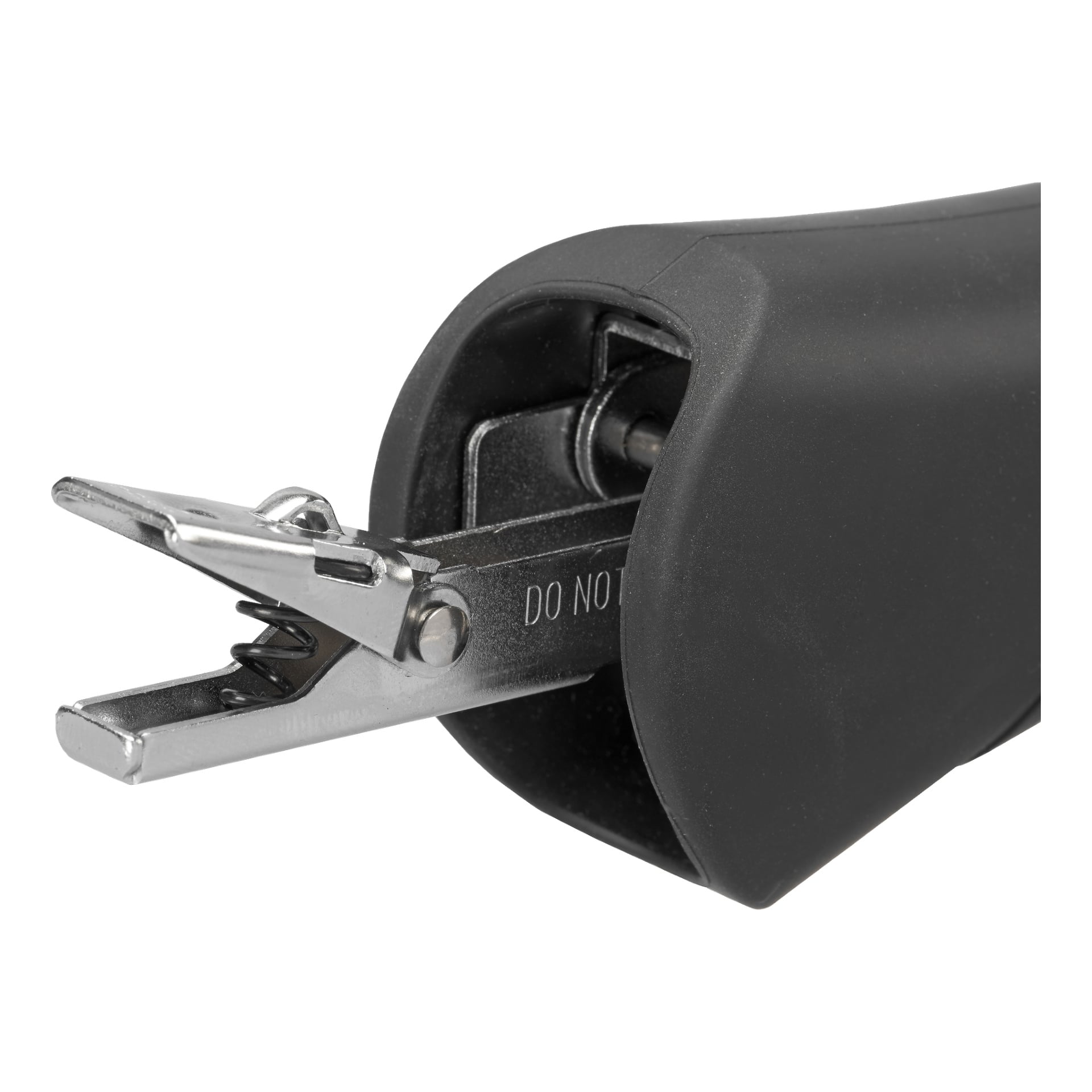 Zbliżenie zszywacza Meec Tools Hammer, częściowo otwartego, by pokazać metalowe szczęki oraz wygrawerowane słowa "DO NOT" na metalowej części, z czarną plastikową rączką.