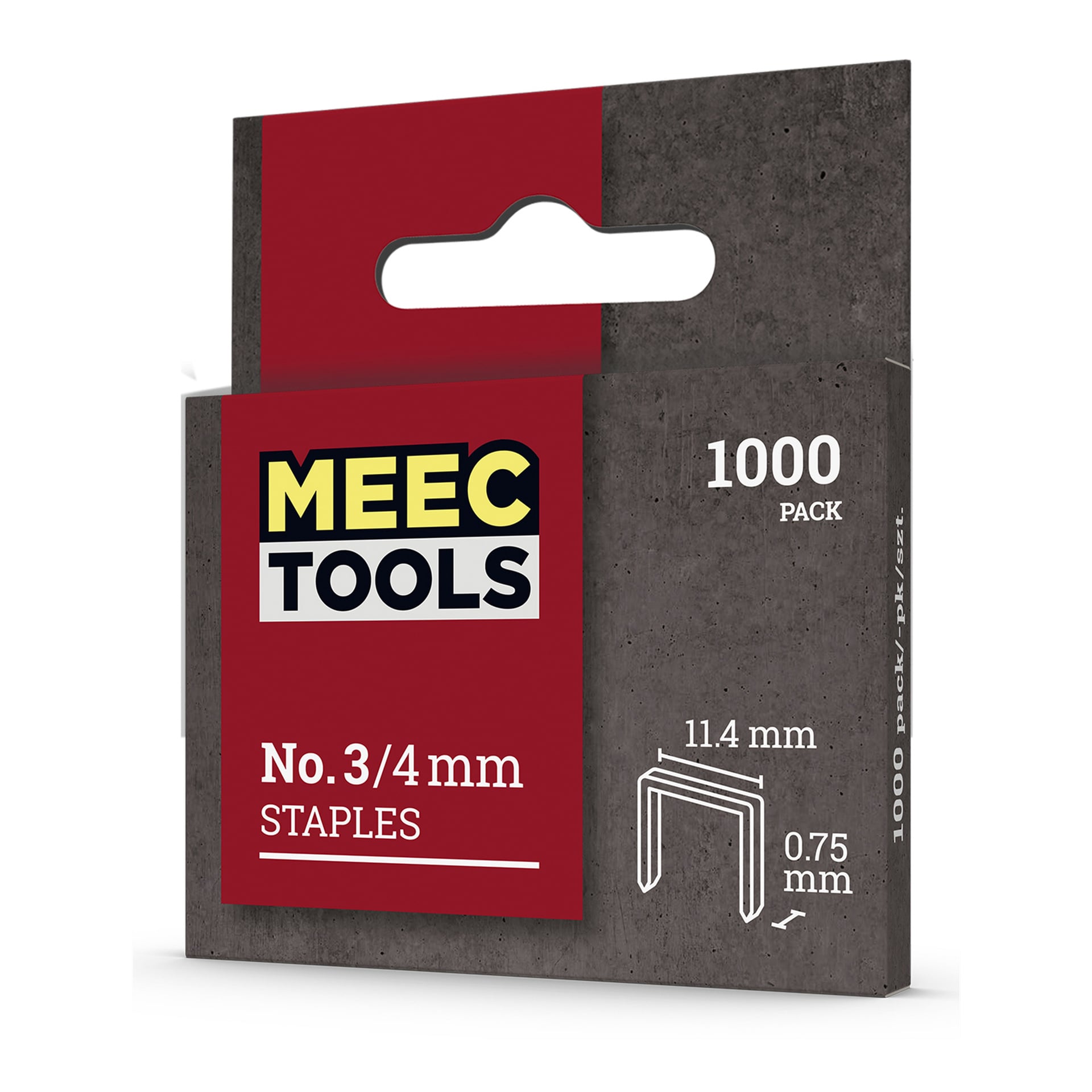En låda med 1 000 Meec Tools-häftklamrar, varje häftklamra 11,4 mm bred och 0,75 mm tjock, förpackad i en grå och röd behållare.