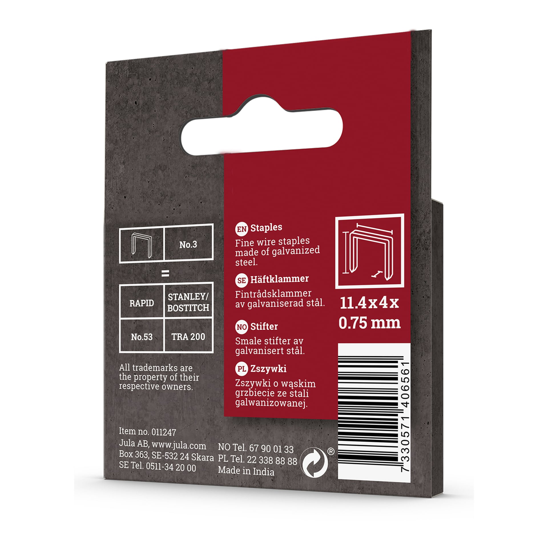 En låda med Meec Tools Staples innehållande 1000 häftklamrar, tillverkade av fint galvaniserat ståltråd, med måtten 11,4 x 4 x 0,75 mm. Den röda och grå förpackningen har en hängflik och visar produktdetaljer som streckkod och företagsinformation.