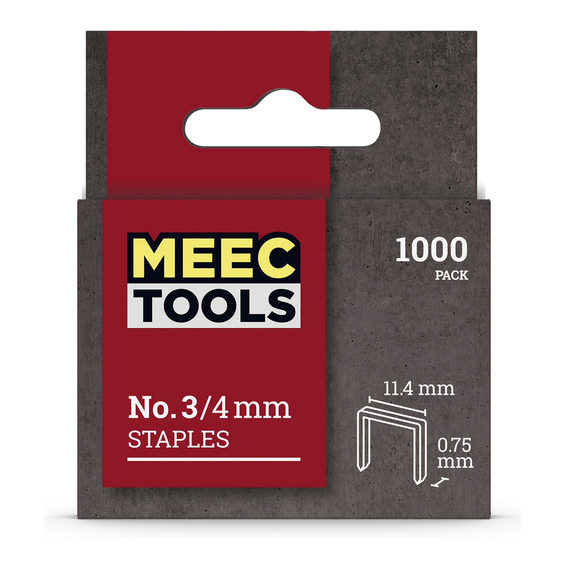 Ett 1000-pack Meec Tools-häftklammer, märkt som nr 3/4 mm, där varje häftklammer mäter 11,4 mm i bredd och 0,75 mm i tjocklek. Förpackningen är röd och grå och har en hängflik högst upp.