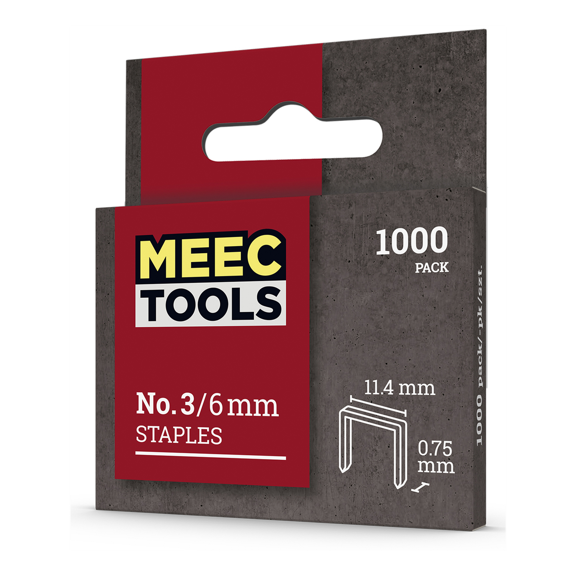 En låda med 1000 Meec Tools Staples, nr 3/6 mm, med häftmått på 11,4 mm i bredd och 0,75 mm tjock. Förpackningen visar en röd, svart och grå design på framsidan.