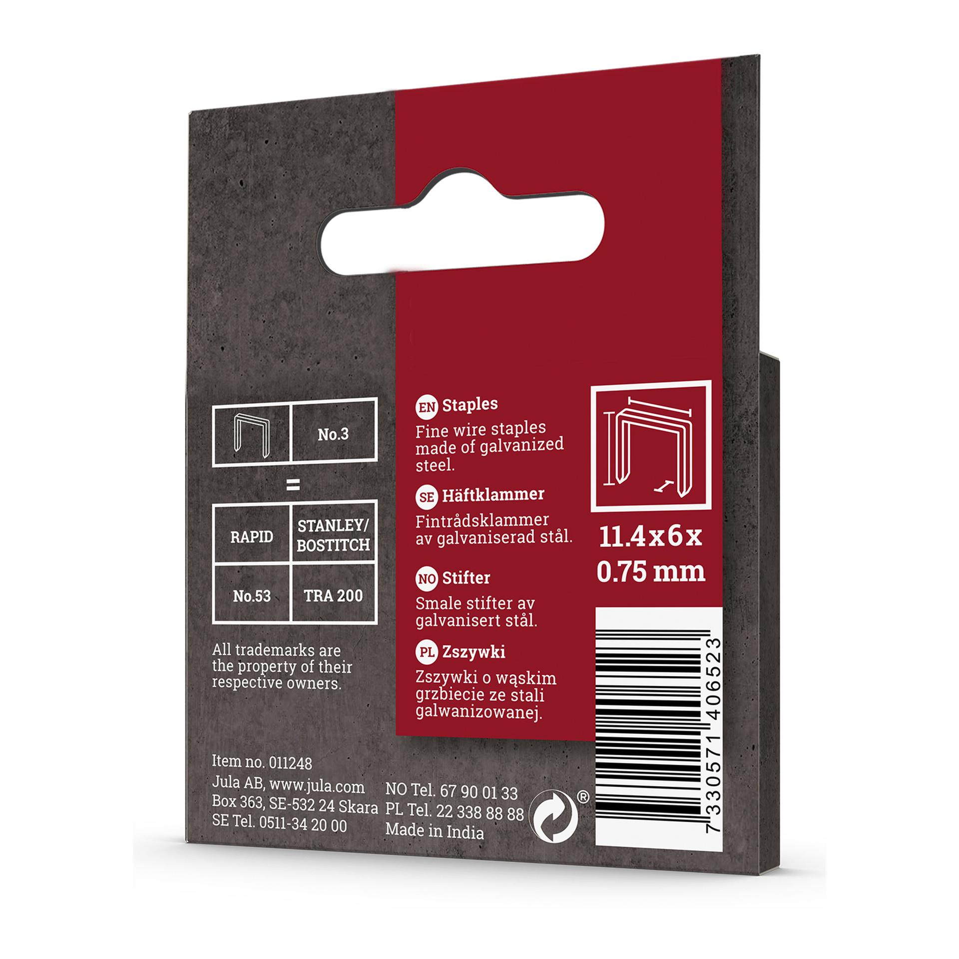 En Meec Tools-låda med 1000 No. 3-häftklamrar (11,4 x 6 x 0,75 mm) gjorda av galvaniserad ståltråd, lämplig för användning med Rapid-, Stanley/Bostitch- och TRA 200-häftapparater. Förpackningen visar produktspecifikationer och kontaktuppgifter.