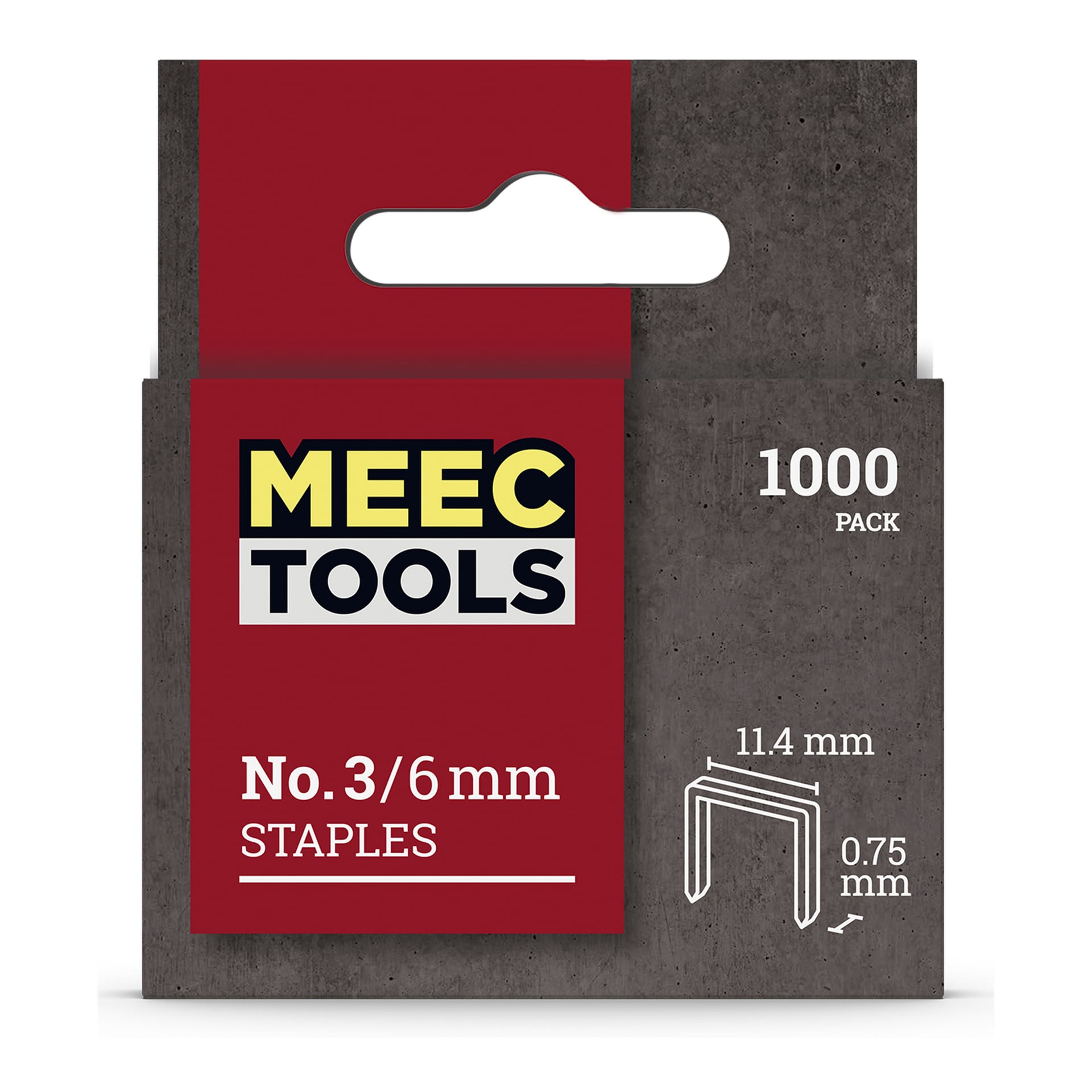 En låda med 1000 Meec Tools No. 3-häftklammer, varje häftklammer är 6 mm lång, 11,4 mm bred och 0,75 mm tjock; förpackningen innehåller en blandning av röda, grå, svarta, gula och vita färger.