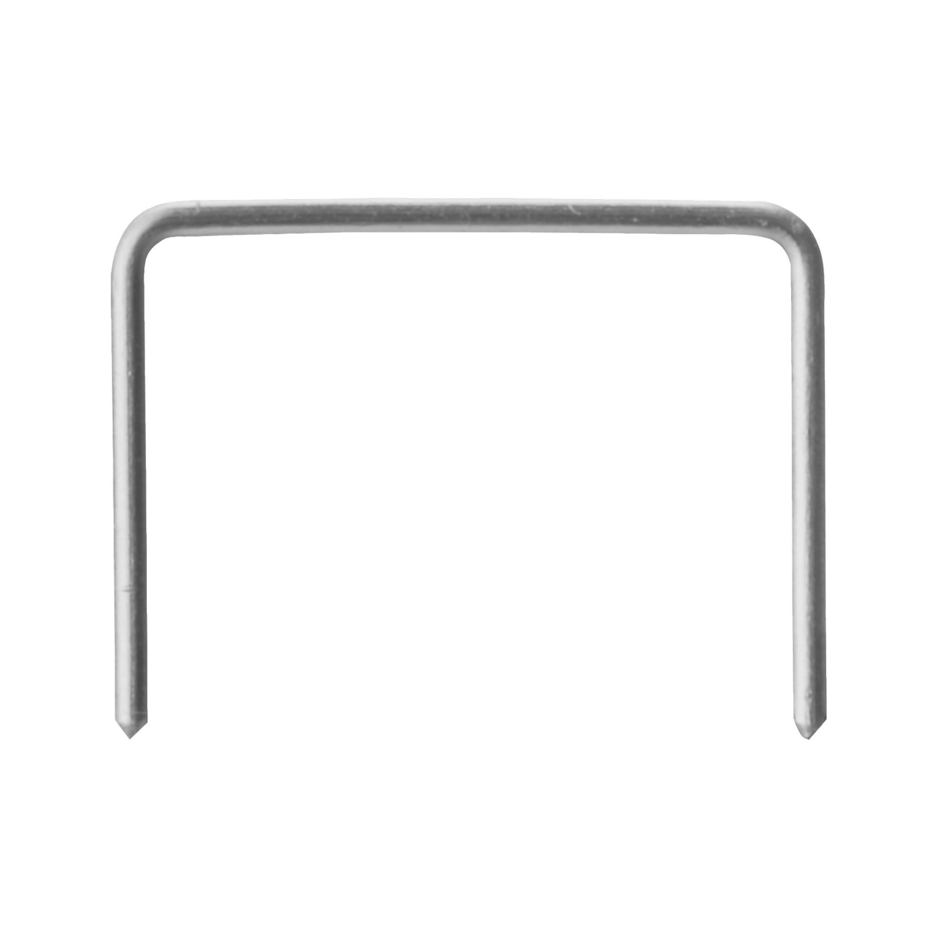 En detaljerad vy av en ensam Meec Tools staketklamypt från Staples 1000-paketet, gjord av silvermetall med två spetsiga spetsar och en inverterad U-form.