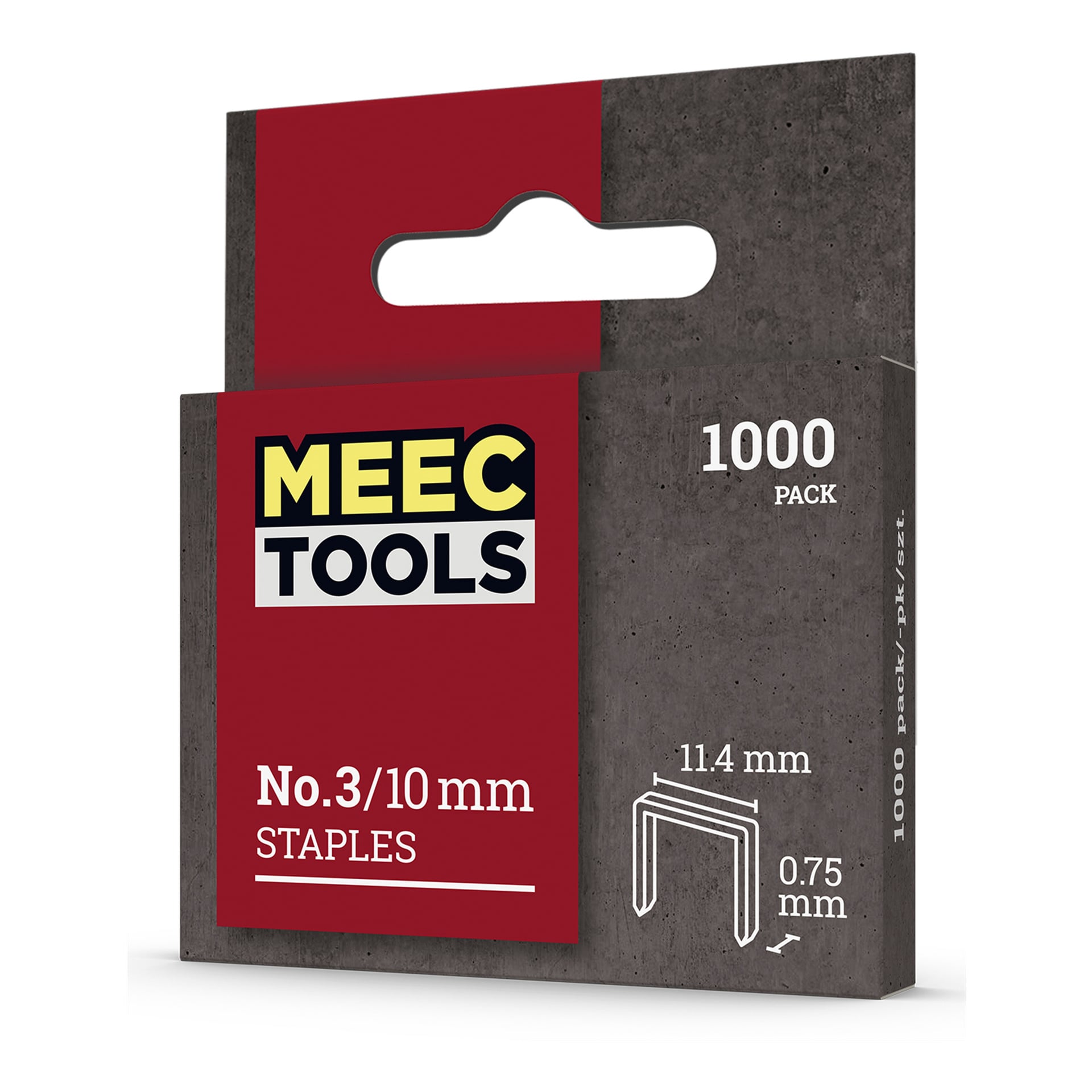 Ett 1000-pack Meec Tools Staples, nr 3/10 mm, visas i en röd och grå låda märkt med häftmått: 11,4 mm bredd och 0,75 mm tjocklek.