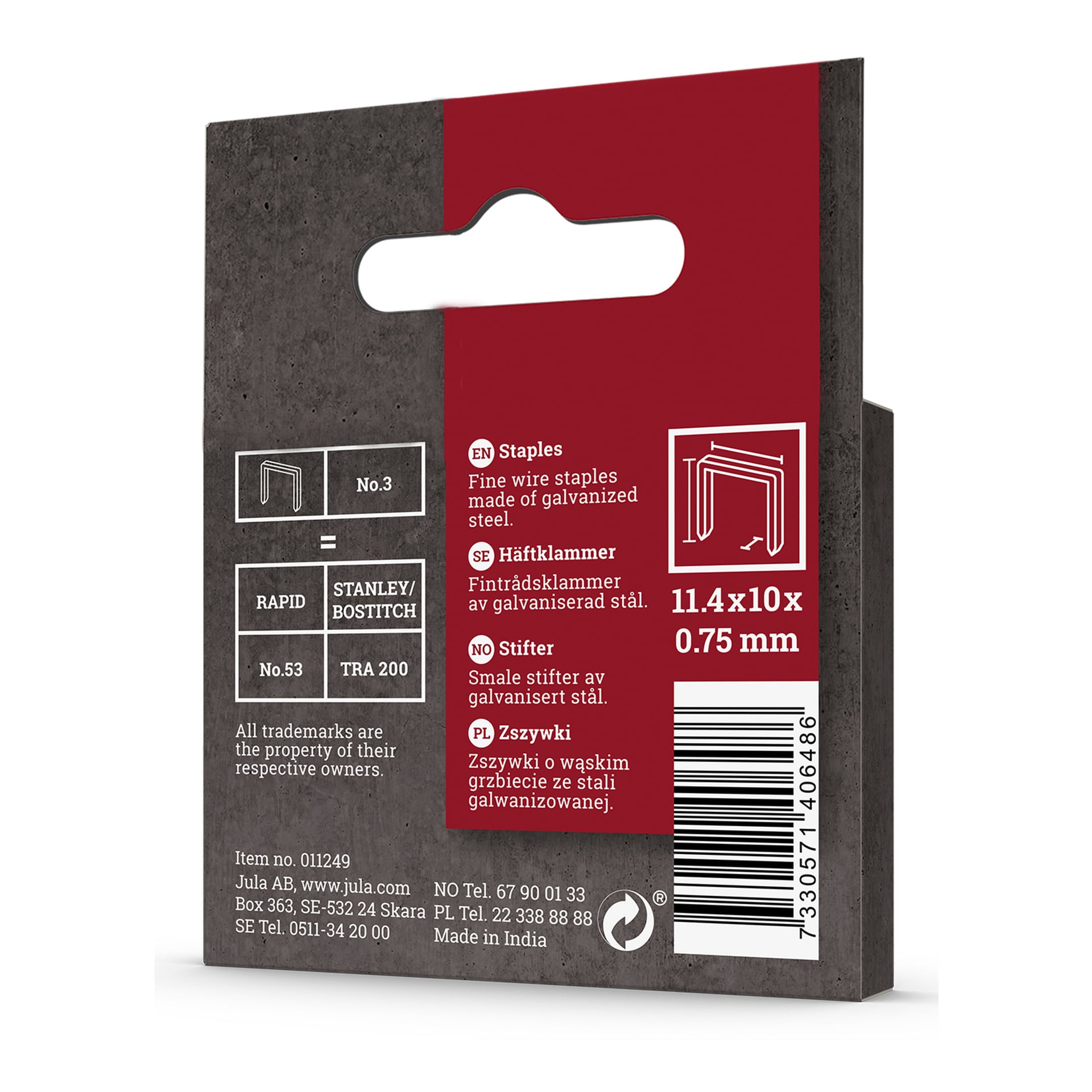 Baksidan av en röd och grå Meec Tools Staples 1000-packlåda. Texten visar stapelmåtten som 11,4 x 10 x 0,75 mm, tillsammans med produktdetaljer. Förpackningen innehåller en streckkod, produktnummer och kontaktuppgifter för företaget.
