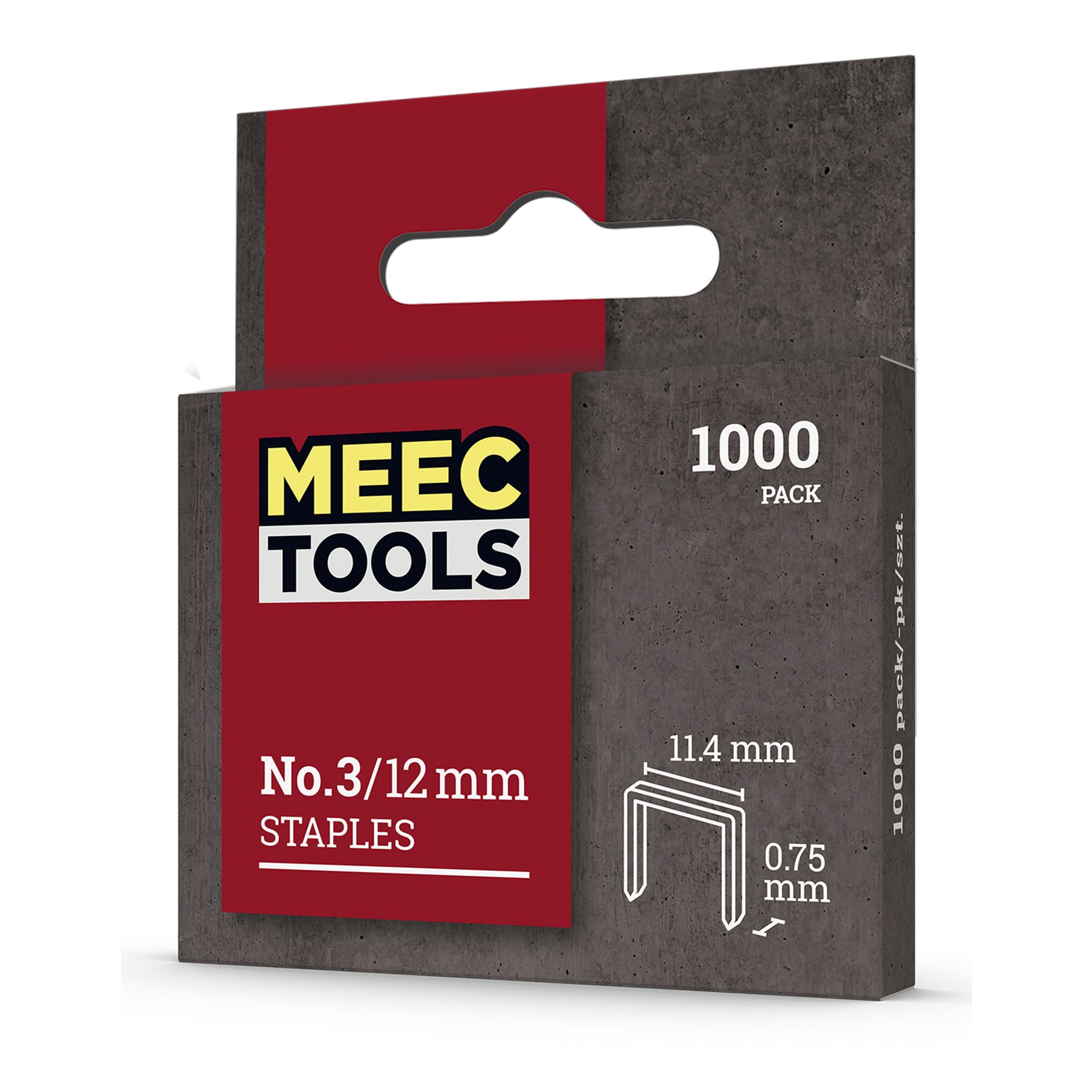 En grå och röd låda med Meec Tools Staples No. 3 innehållande 1000 bitar, vardera 12 mm stora, med ett stansat handtag högst upp och måtten 11,4 mm × 0,75 mm visades på förpackningen.