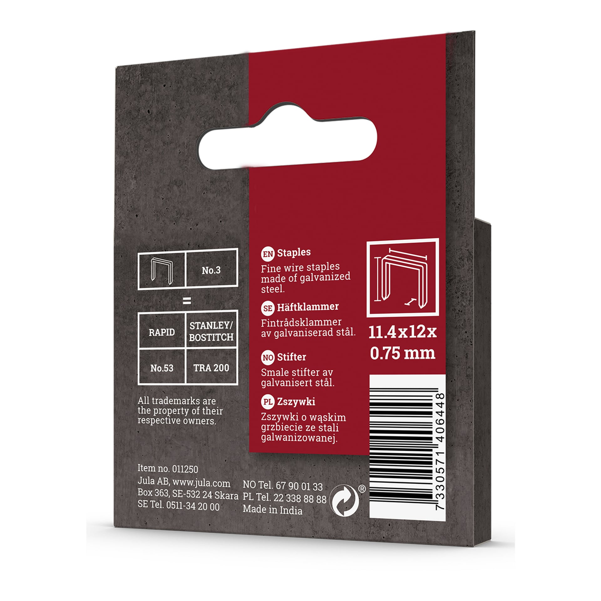 Ett 1000-pack Meec Tools-häftklamrar, i storlekarna 11,4x12 mm med en tjocklek på 0,75 mm. Den grå och röda rutan visar varumärkeskompatibilitet, produktegenskaper och specifikationer.