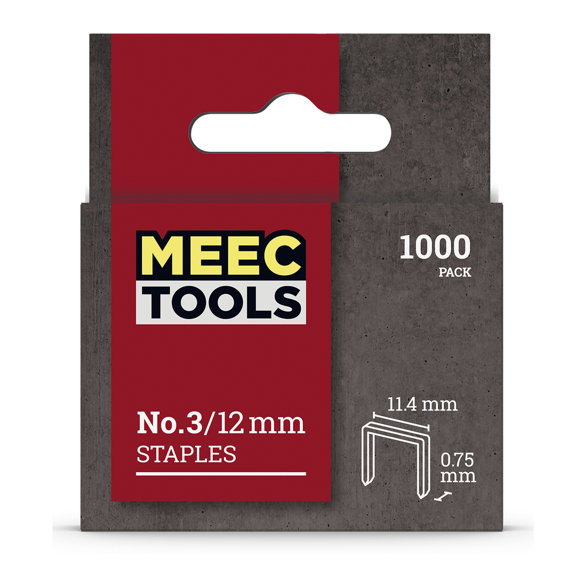 Ett paket Meec Tools Staples (1000 stycken) i röd och grå förpackning, med en grundläggande linjeillustration på framsidan som visar häftmått på 11,4 mm gånger 0,75 mm.